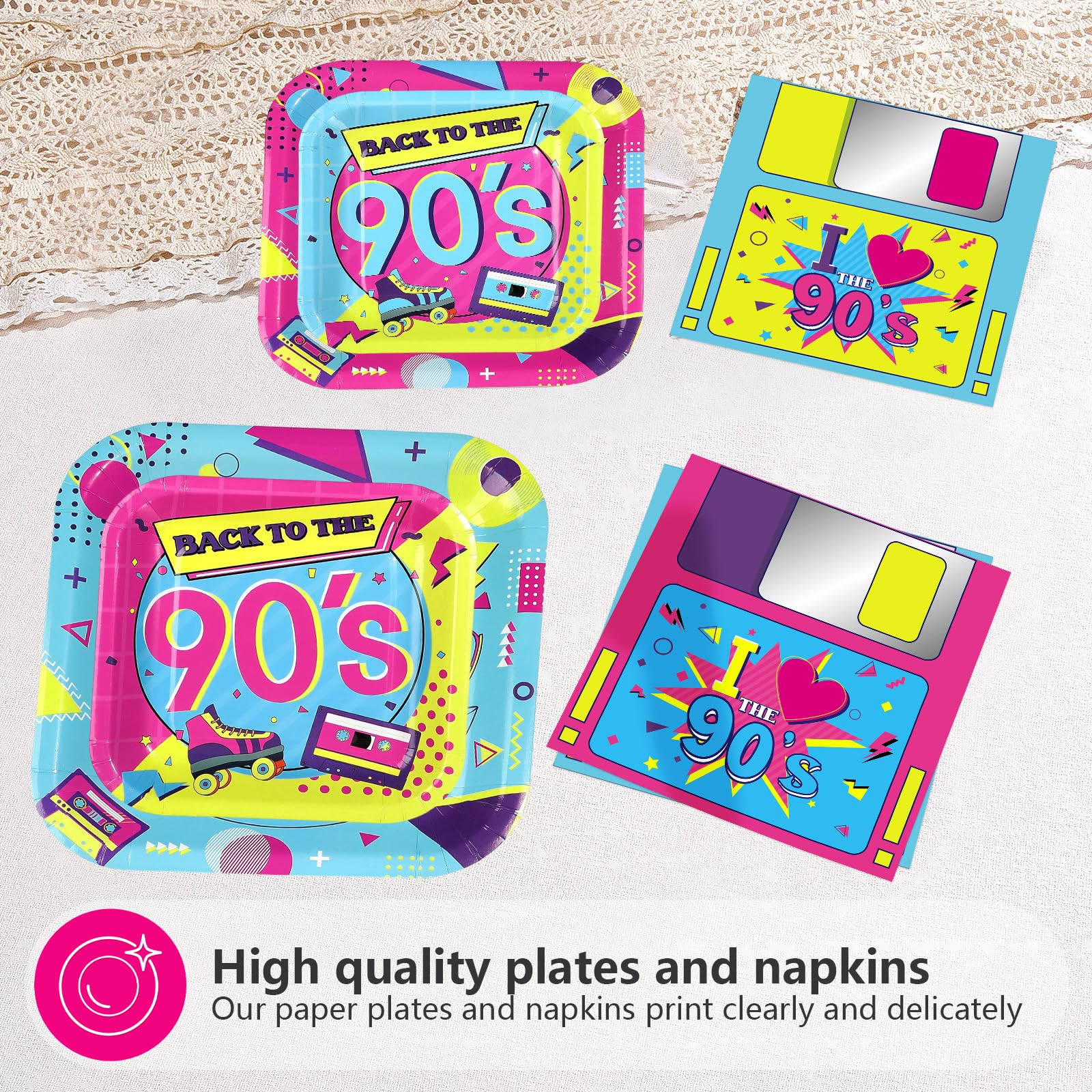 200 Stück 90er Jahre Party Dekorationen Retro Bunte Hip Hop Teller und Servietten Back to the 90's Geschirr Sets für Disco Geburtstag Retro Musik Thema Hip Hop Party Supplies Serves 50
