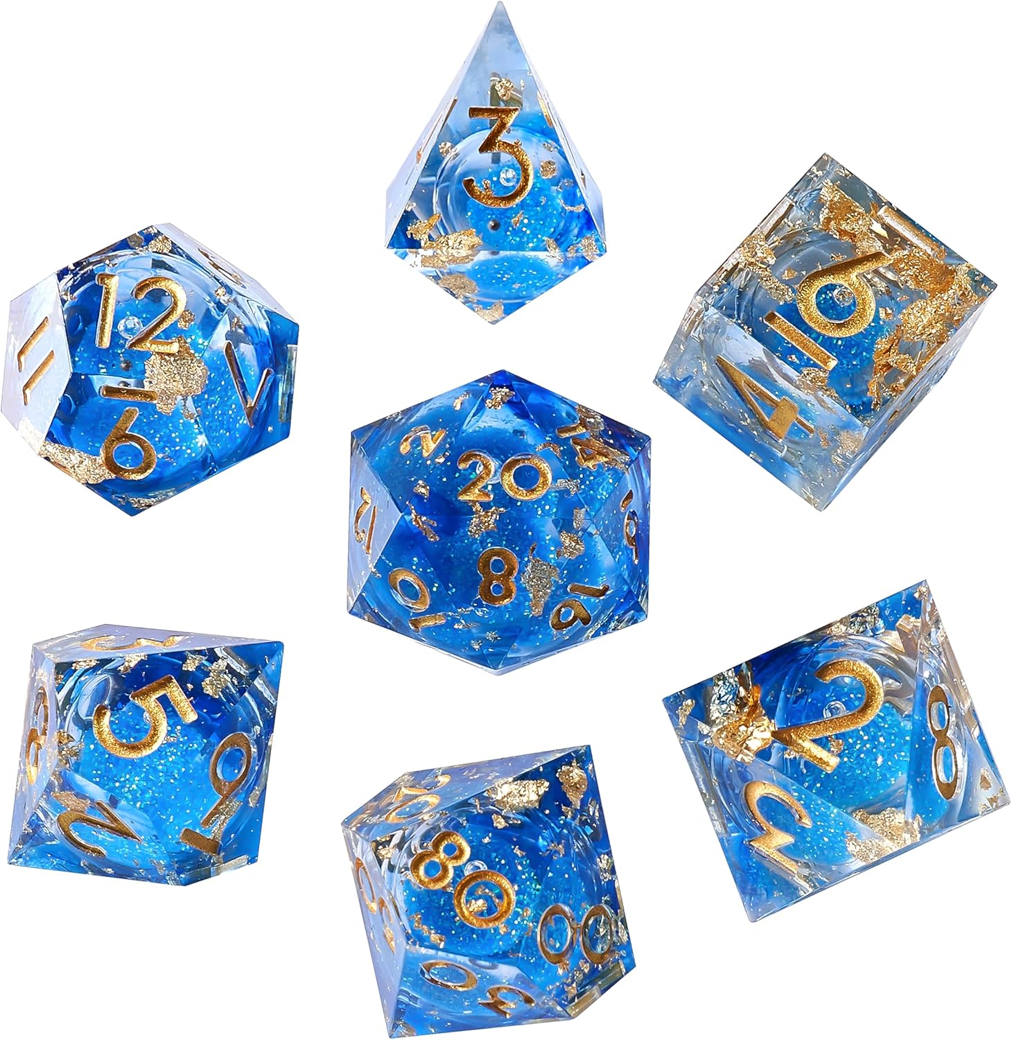Liquid Core DND Dice Set, 7pcs Sharp Edge Dice for Role Playing Dungeons and Dragons Ttrpg with Gift Box, Handmade Resin D&D Dice RPG Role Playing Games Dice Set(Blue Gold)