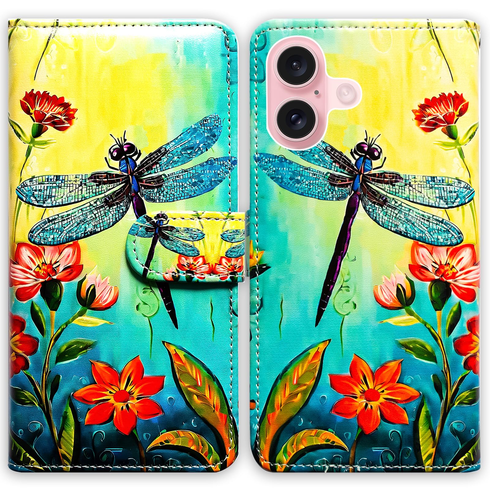 Beaucov Case for iPhone 16 with RFID Blocking,Red Flower Blue Dragonfly Leather Flip Phone Case Wallet Cover with Card Slot Holder Kickstand for Apple