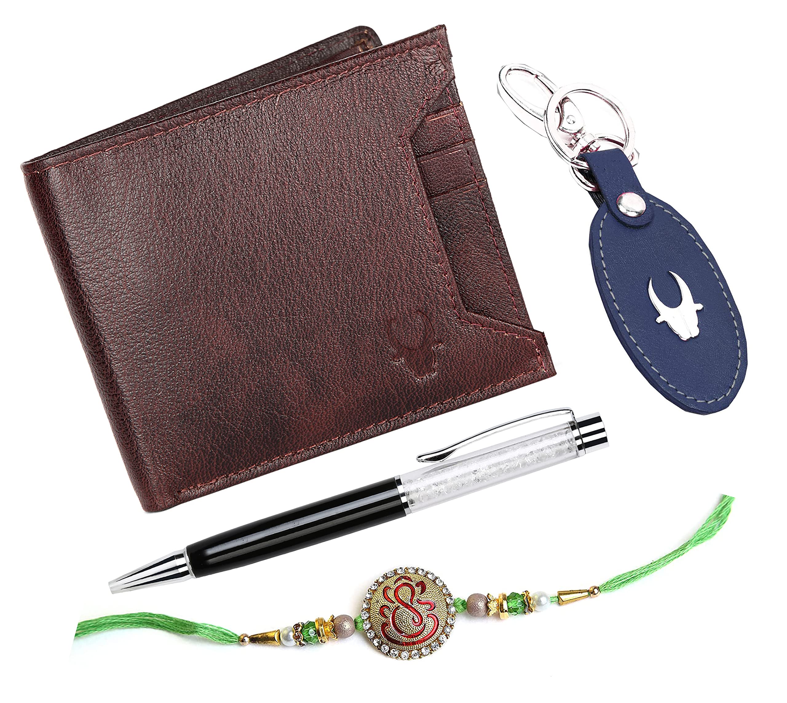 WildHorn Rakhi Gift Hamper for Brother - Classic Men's Combo/Gift Set of Leather Wallet, Keyring, Pen and Rakhi for Brother/Bhaiya. (Brown C)