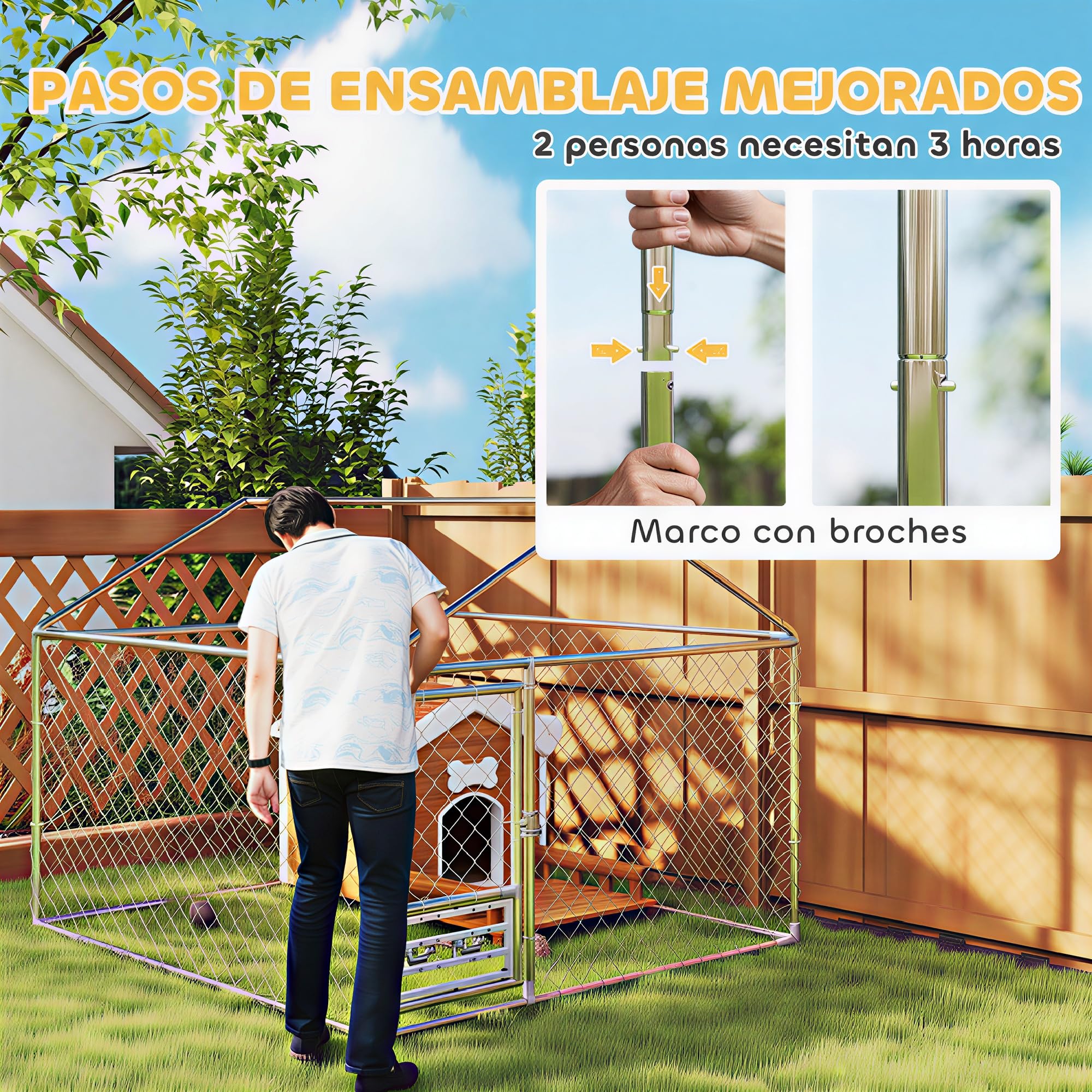 PawHut Perrera de Exterior con Techo Impermeable 2x2x1,55 m Jaula para Perros de Acero Galvanizado Soporte Ajustable y Giratorio para Comida 2 Cuencos para Perros Medianos y Pequeños