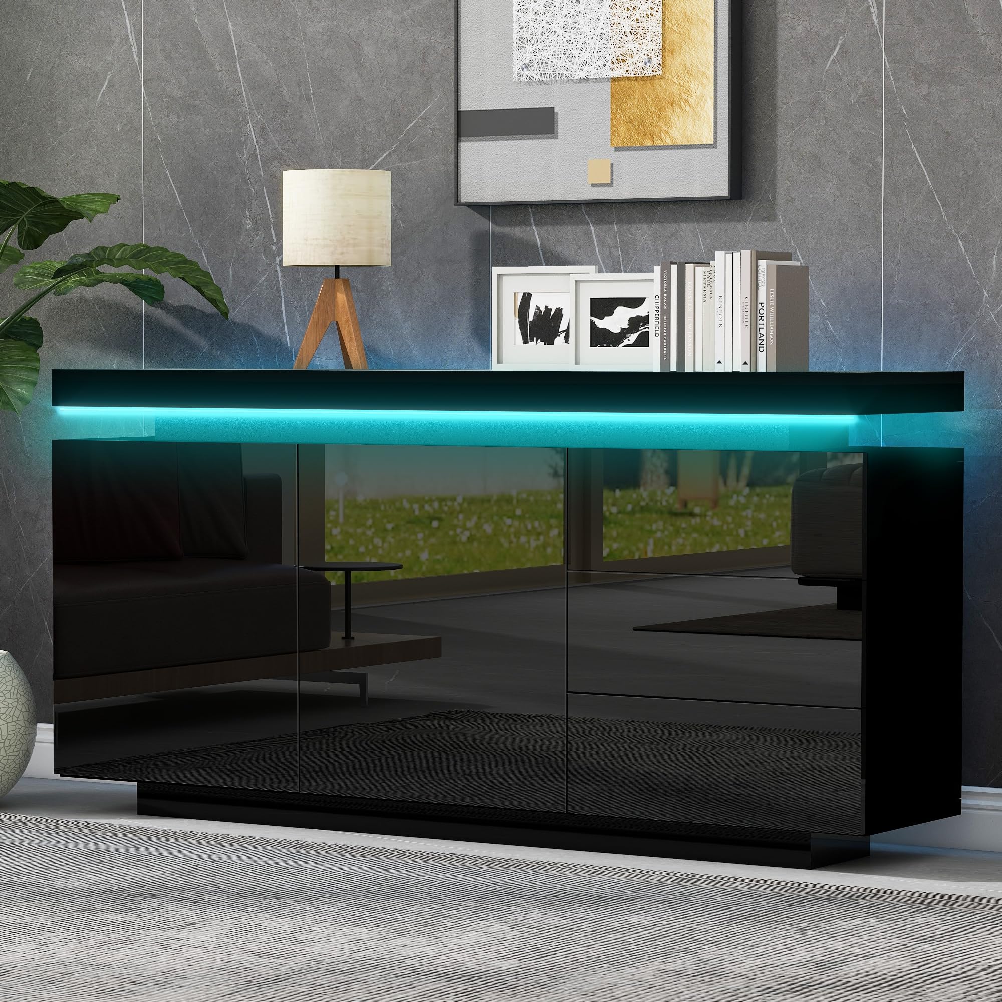 Merax Modern High Gloss black Sideboard for living room Sideboard Cabinet with 2 Doors and 3 Drawers, Cupboard Sideboard with 16-Colour LED Lights(Remote Control), 35 x 140 x 72.5 cm