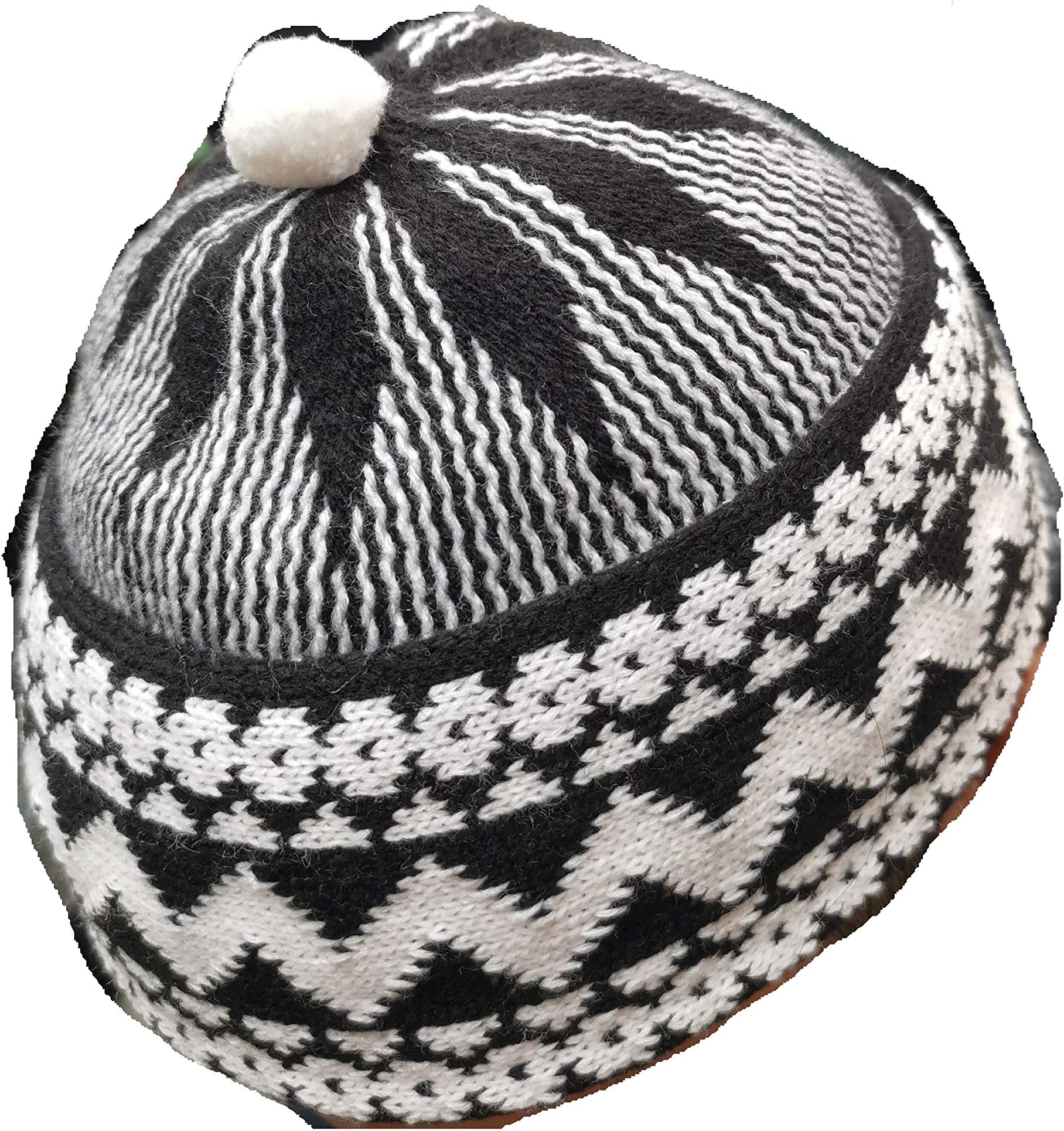 Mens Zigzag HAJI Cap - Kufi All Season Muslim Prayer TOPI Beanie HAT Crown with White Ball - Stretchable ONE Size
