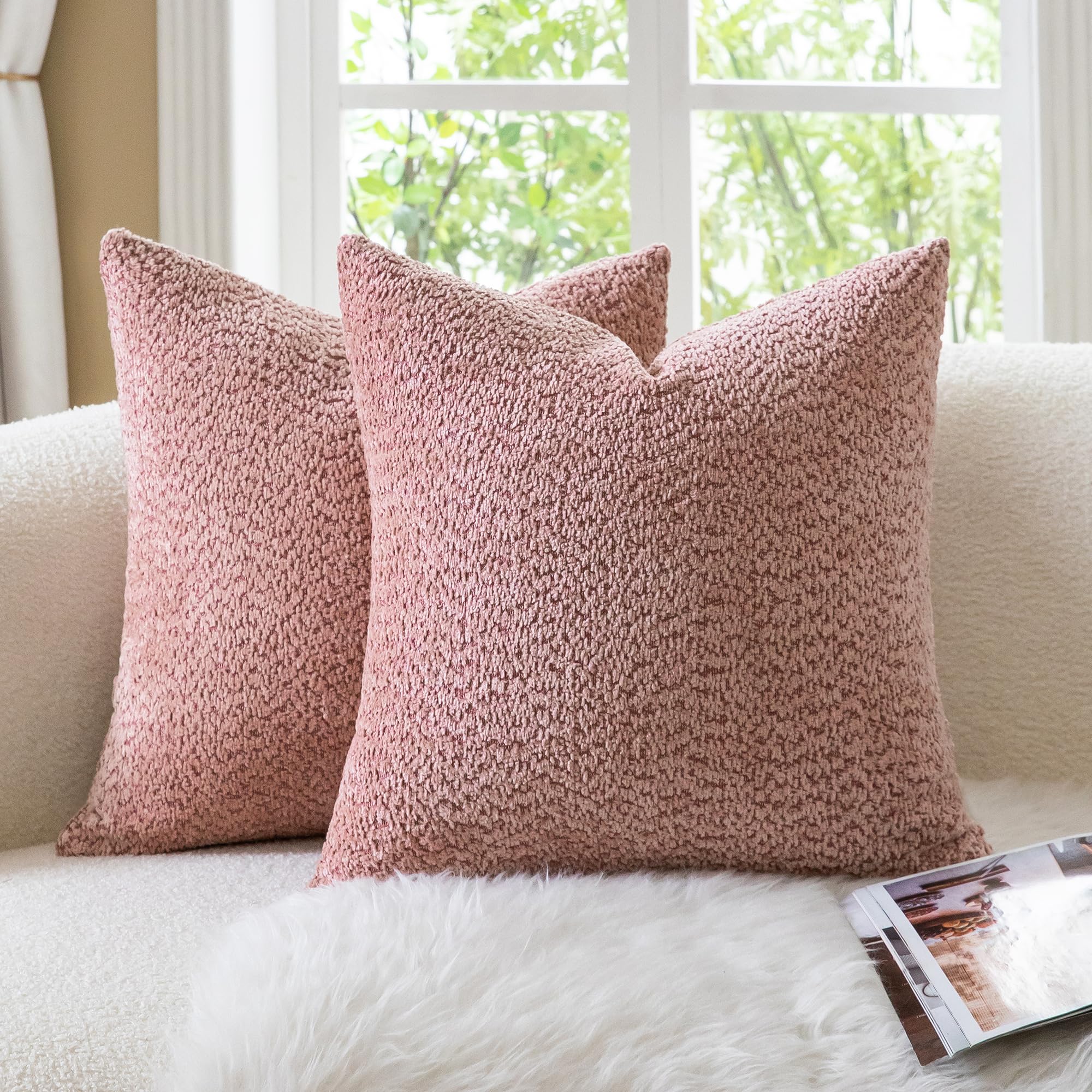 Neelvin Set of 2 Decorative Chenille Cushion Covers 16x24 Inch (40x60cm), Boucle Textured Soft Cozy Throw Pillow Covers for Couch, Living Room Sofa Bedroom Pink