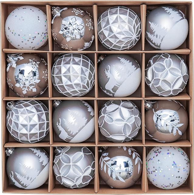 Victor's Workshop 16pcs 8cm Shatterproof Christmas Baubles, Frozen Winter Silver and White Christmas Ball Ornaments for Christmas Tree Decoration