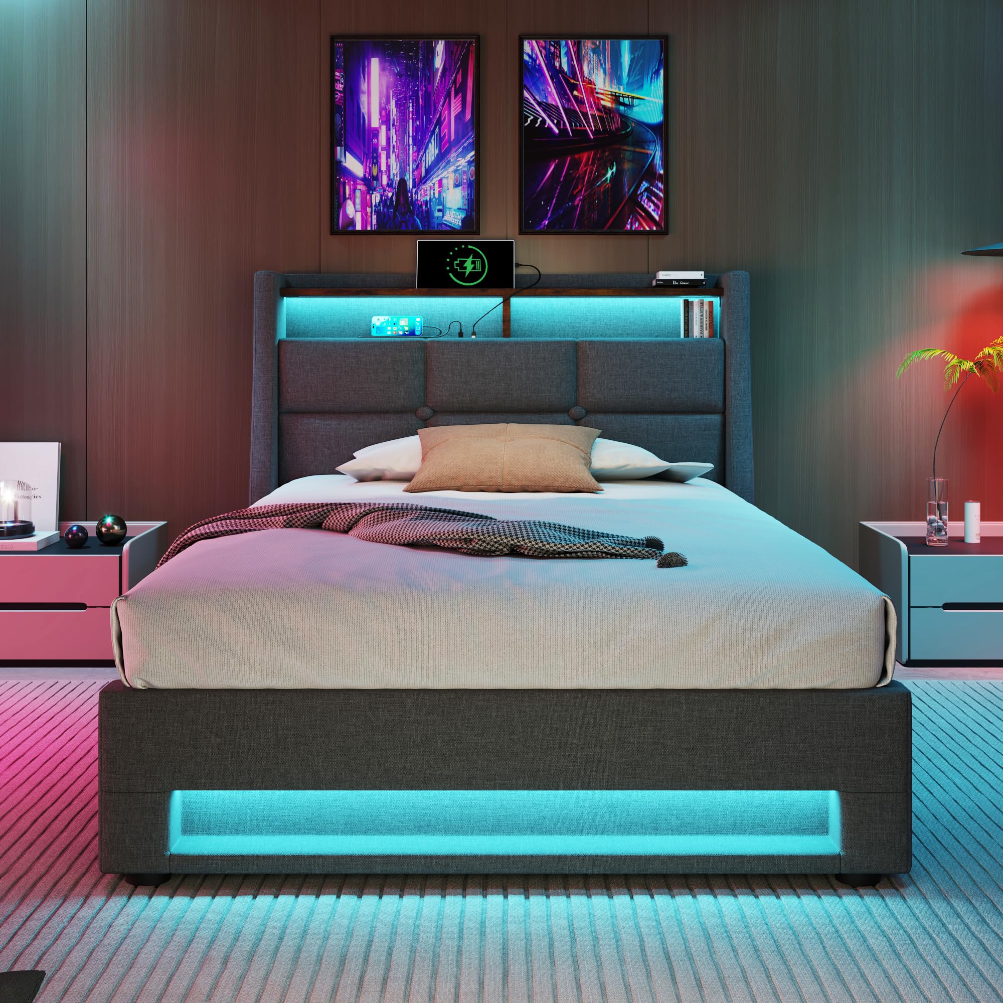 Letto Imbottito Singolo Letto 90x200 cm con Illuminazione a LED e Porta USB, Letto per Bambini con Idraulico Contenitore, Struttura Letti Singoli per Ragazzi, Grigio, Lino, Senza Materasso