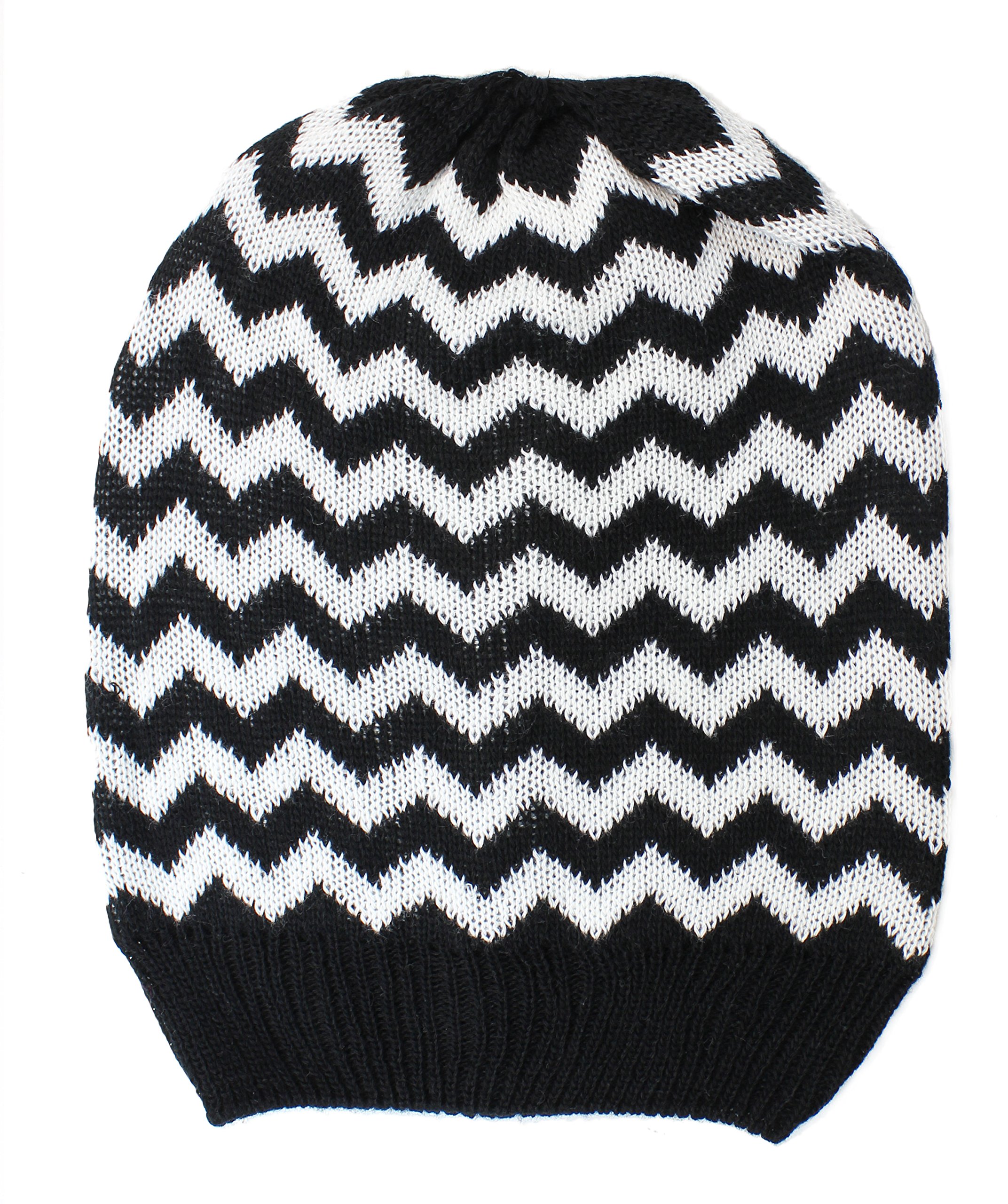 an Baggy Beanie Hat Cool Black and White Knit Zigzag Stripes Adults Teens