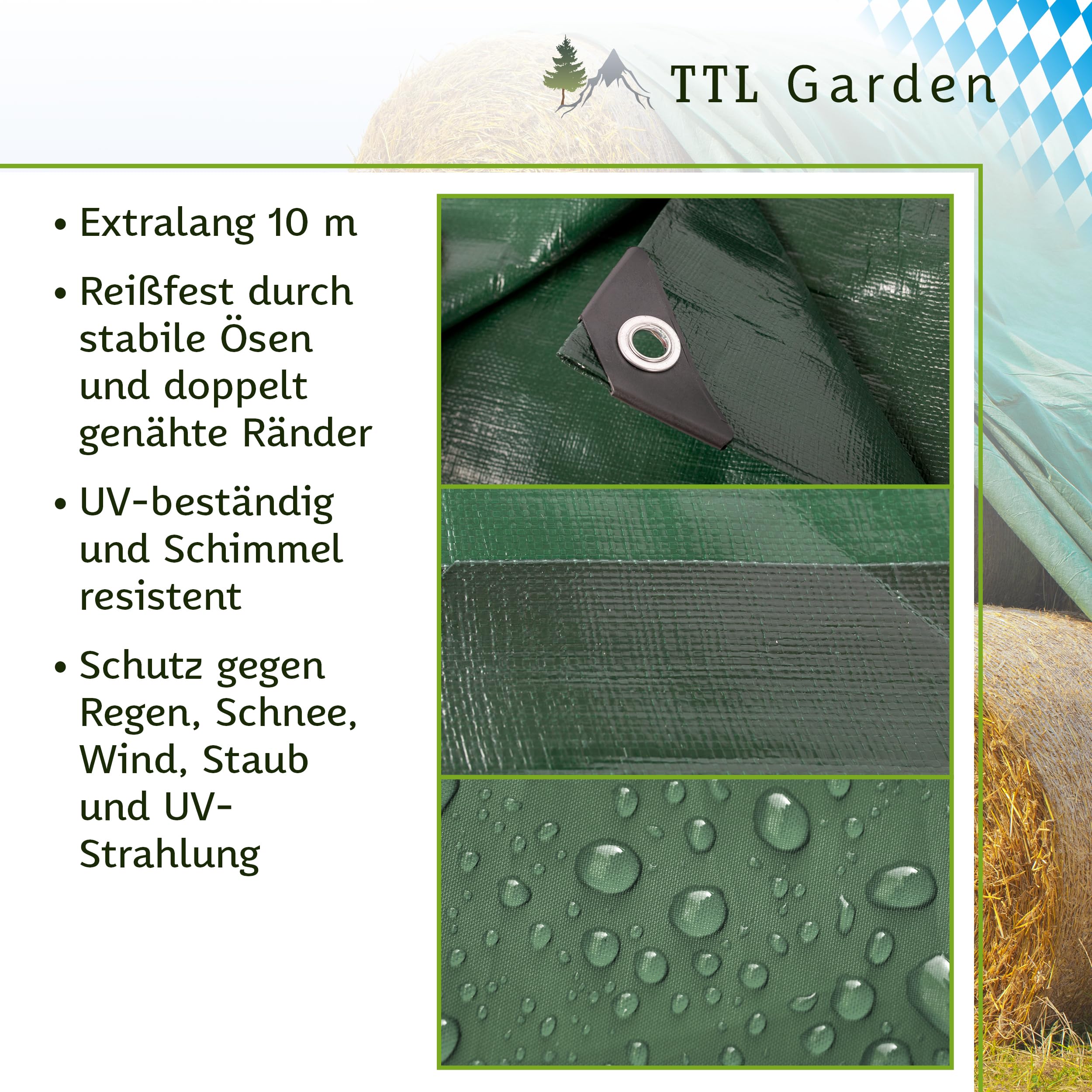 TTL GARDEN Premium Abdeckplane 1,5x10m 210g/m² grün + 25m Seil - reißfest | wasserdicht mit Ösen PE Gewebeplane verstärkte Ecken & Kanten wetterfest UV-beständig Schutzplane Holz Abdeck Plane Tarp