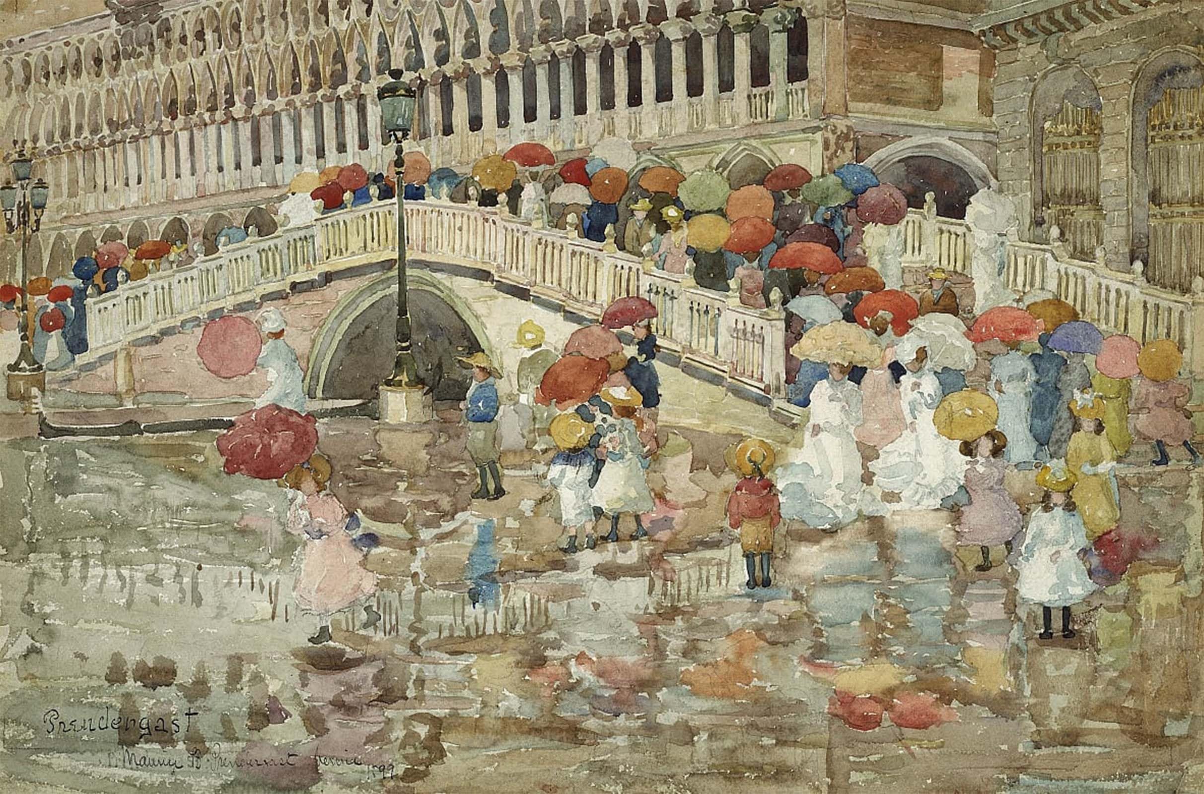 POSTERIIk Famous Modern Artwork Art Mural Umbrellas in the Rain by Maurice Brazil Prendergast Oil Paintings Pictures for Home Decor 60x90cm