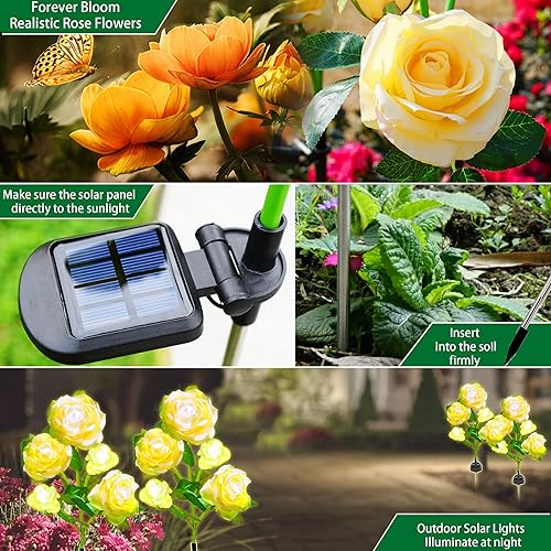 Miniatura 2 de Paquete de 2 luces solares para decoración de jardín al aire libre actualizadas 10 rosas solares de estaca de flores decorativas para patio, camino,