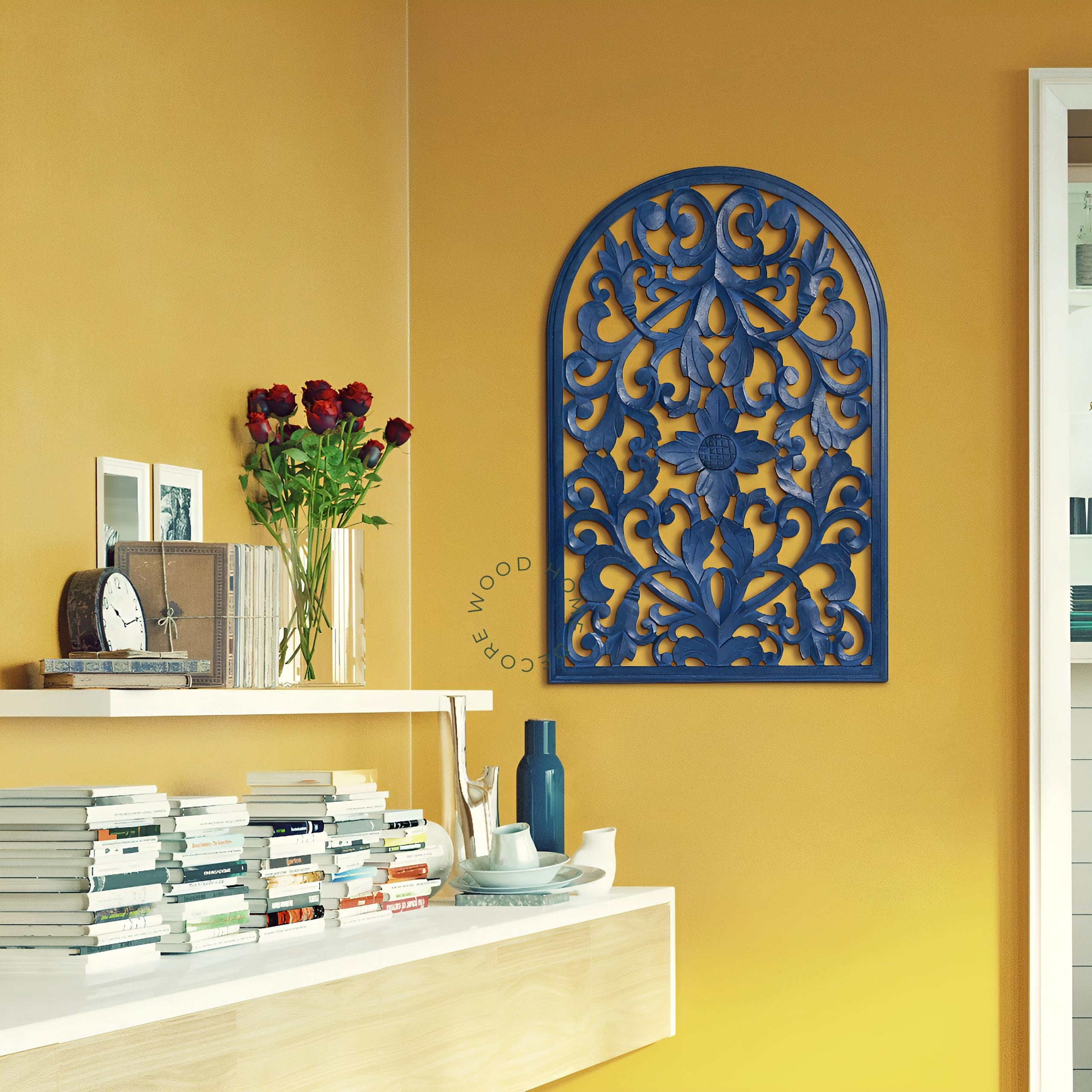 WOOD HOME DECORE Wall Panel Handcarved Wooden Sculpture Arched Design Floral Hand-Carved Art eye-catching Wall Accent Decor For Bedroom Livingroom Big Siz(36" Inches by 24Inches)