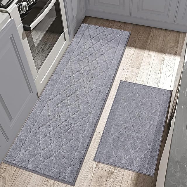 BEQHAUSE Kitchen-Rugs-Sets of 2 Non Slip Machine Washable Kitchen Mats Kitchen Runner Rug & Floor Mats Soft Standing Mats for Kitchen,Grey, 50X76cm+50X122cm