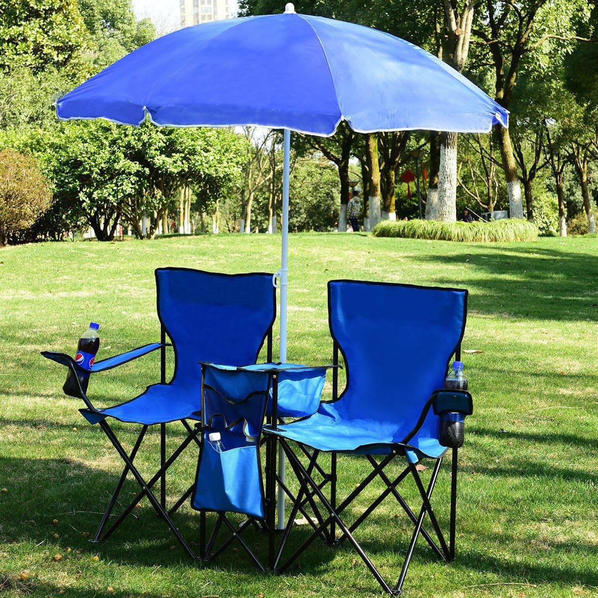 Top_Quality555Blue Double Beach Chair with Umbrella Attached Foldable Picnic Camping Table Cooler Fishing Fold Up