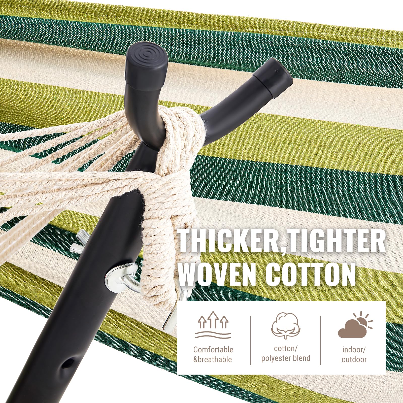 EchoSmile Double Hammock with Detachable Stand - 480 lbs Capacity Heavy Duty 2 Person Hammock - Adjustable Hooks - Indoor Outdoor Stand Hammock - Durable Steel Frame - Green