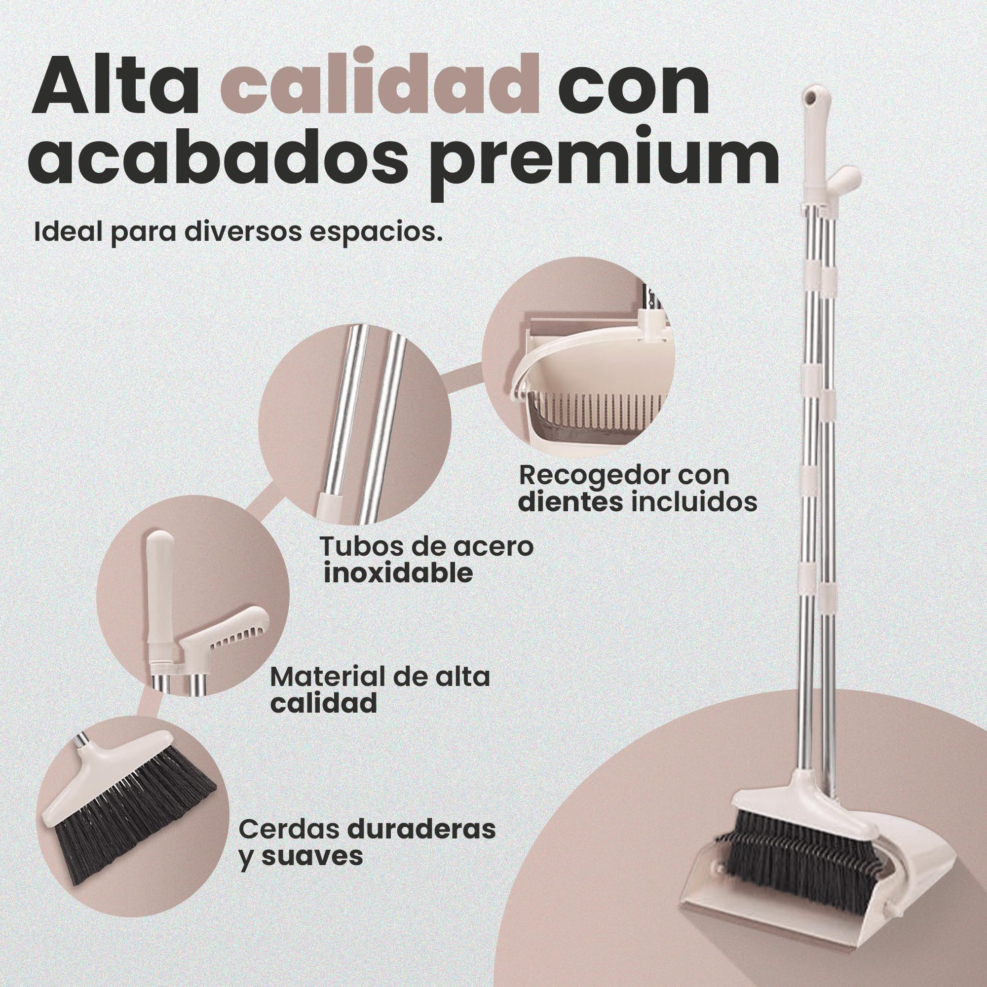JUPPLIES Escoba y Recogedor Plegable Mango Largo, Juego Barredora Vertical Recogedor Interior para Barrido Casa Beige