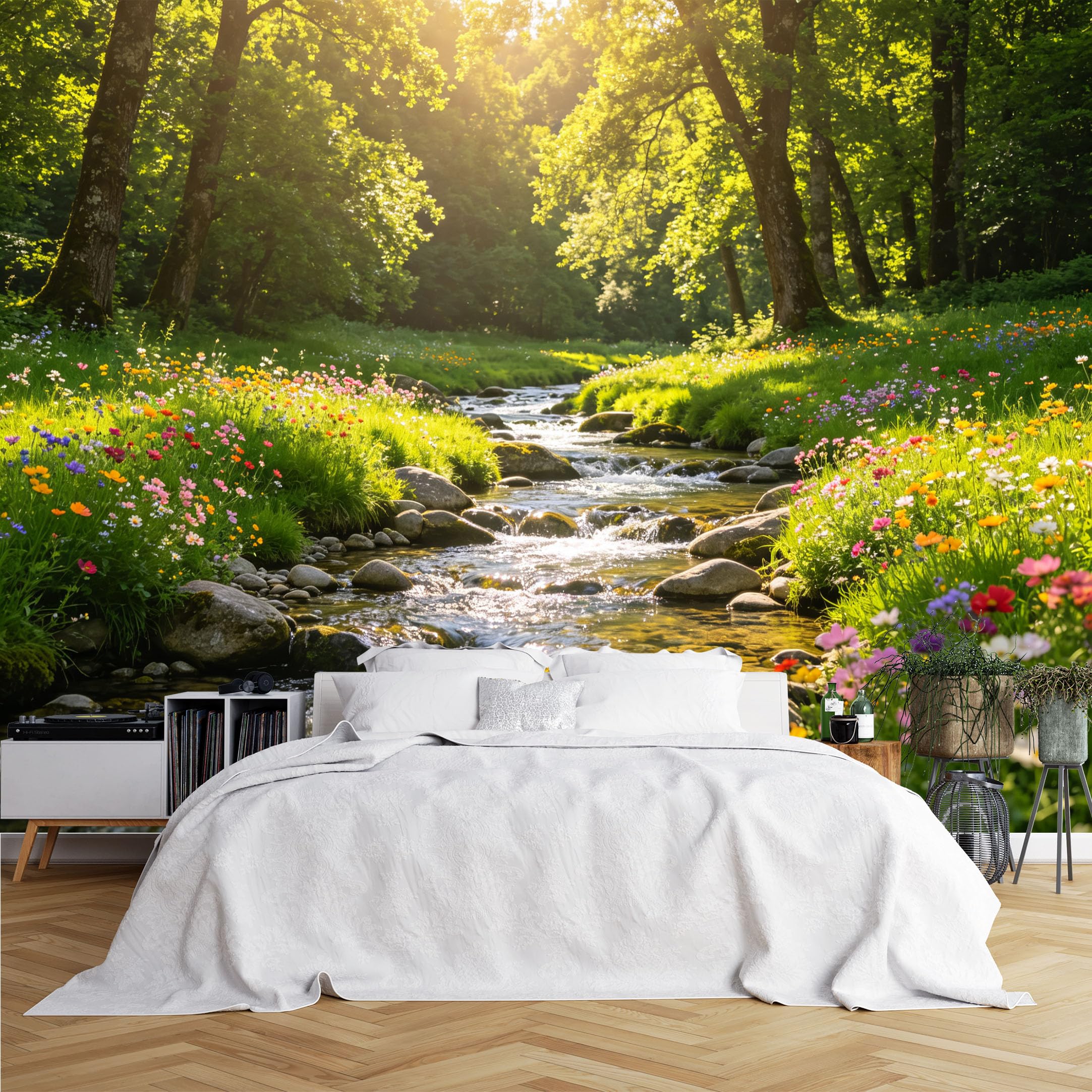 Lcythiazole Ch260615080 Custom Size Wall Murals Sunlit Forest Creek Wildflower Landscape Wall Murals Large Photo Wallpaper Self-Adhesive Removable Wallpaper For Entryway Living Room