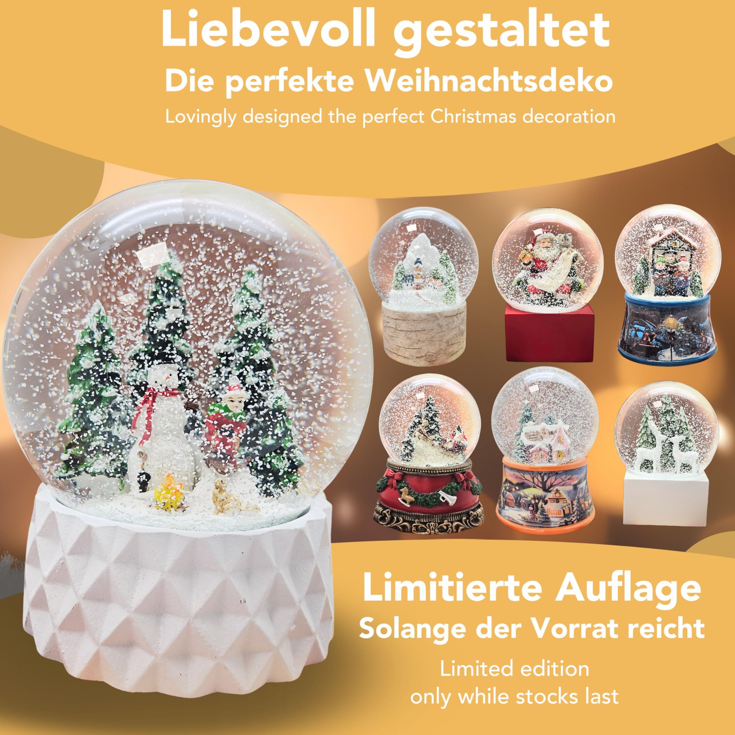Schneekugel Winter Schneemann mit Kind auf Schlitten, Sockel weiß Kubisch, Pure-Line, Durchmesser 100mm Schüttelkugel, 20169