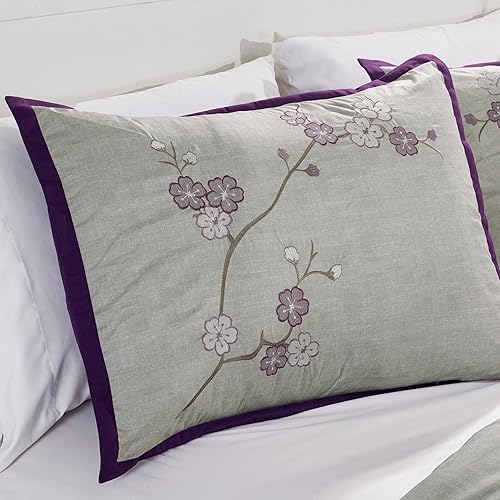 Miniatura 3 de Chezmoi Collection Miki - Juego de edredón de lujo con bordado de flor de cerezo morado y gris, 7 piezas, tamaño Queen