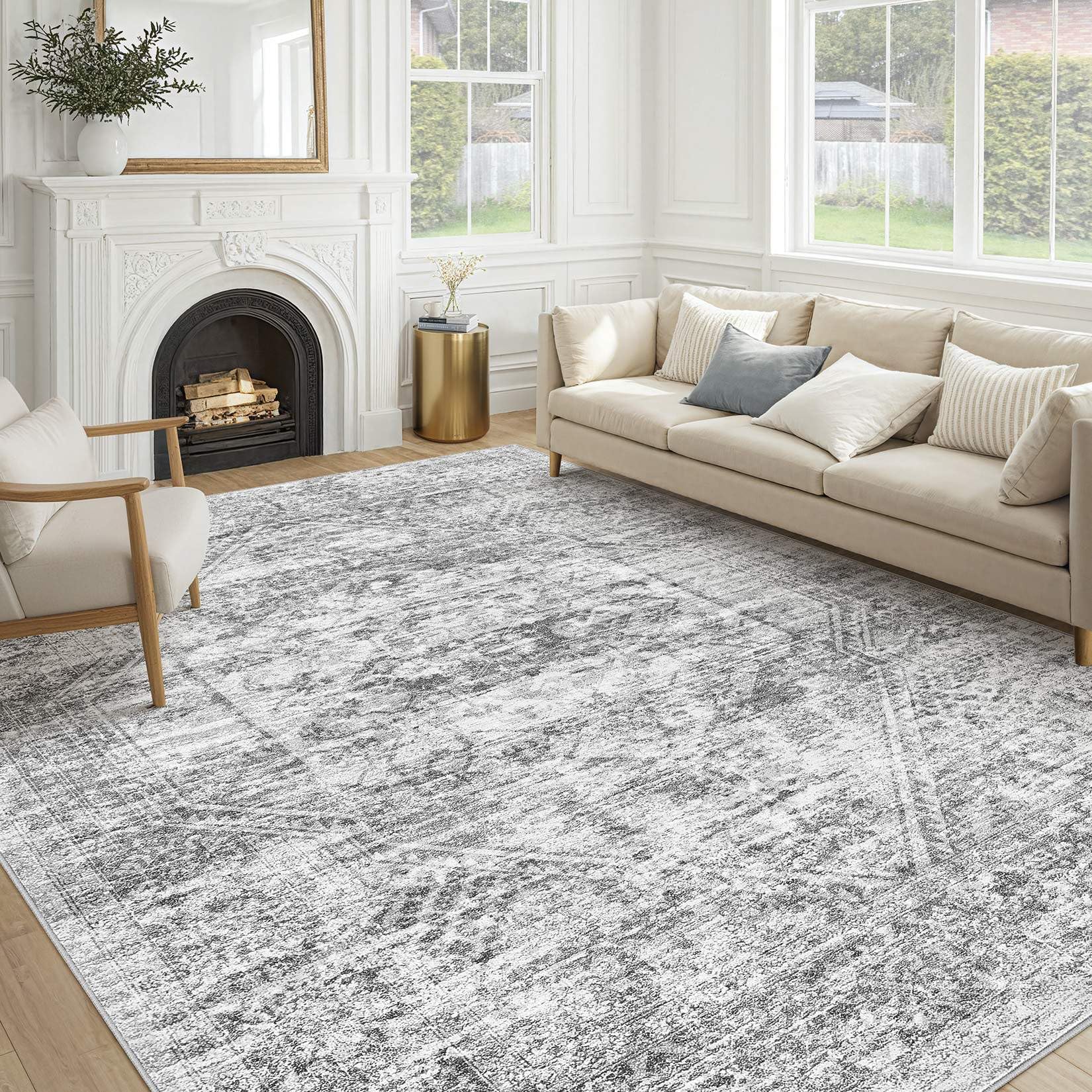 cotiled 9x12 Area Rug for Living Room, Washable, Traditional, Distressed Grey — image 1