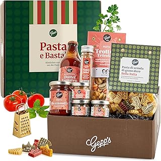 Gepp’s Feinkost Geschenkkorb für Pasta Liebhaber I Geschenkset mit italienischen Spezialitäten I Zwei Pasta & Pesto-Sorten, drei Sorten Pastagewürz und Kirsch- & Datteltomaten