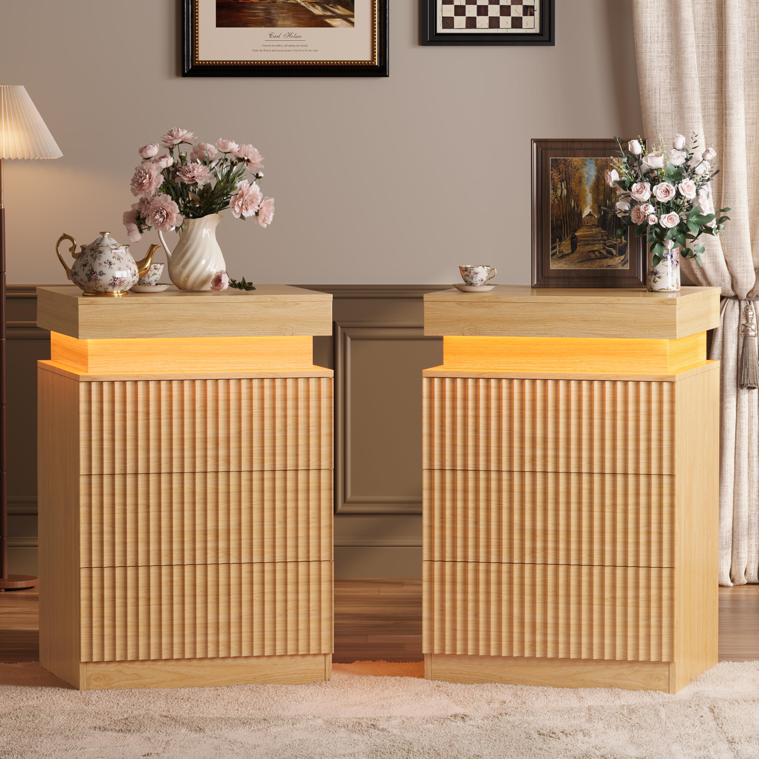 Nightstand Set of 2 for Bedroom, LED Nightstand with 3 Drawers and Charging Station, Mid Century Modern Fluted Nightstands, Bedside Tables &amp; End Tables, Wood