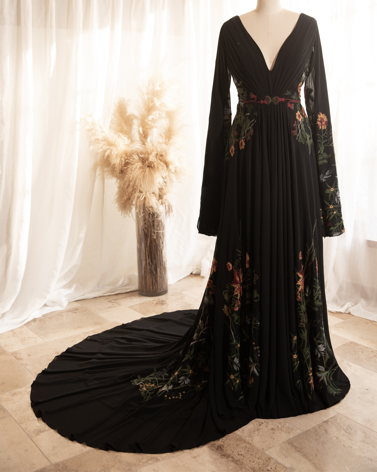 black floral embroidered chiffon maxi dress Black Floral Ruffle Maxi Dress Elegant Long Sleeve Chiffon Gown FineLook
