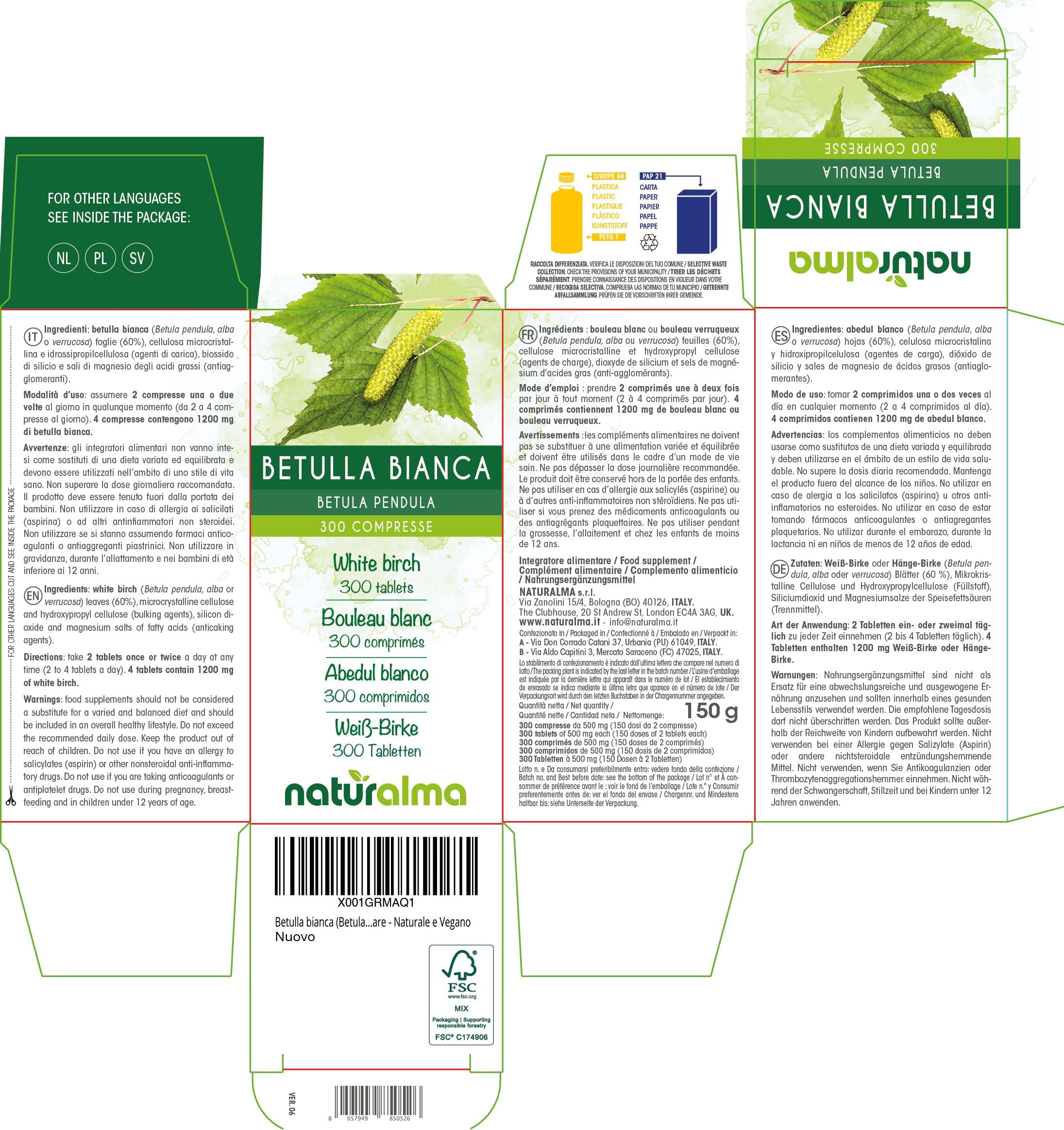 Brzoza brodawkowata lub Brzoza biała (Betula pendula, alba lub verrucosa) liście Naturalma - 150 g - 300 tabletek - Suplement diety - Naturalne i Wegańskie
