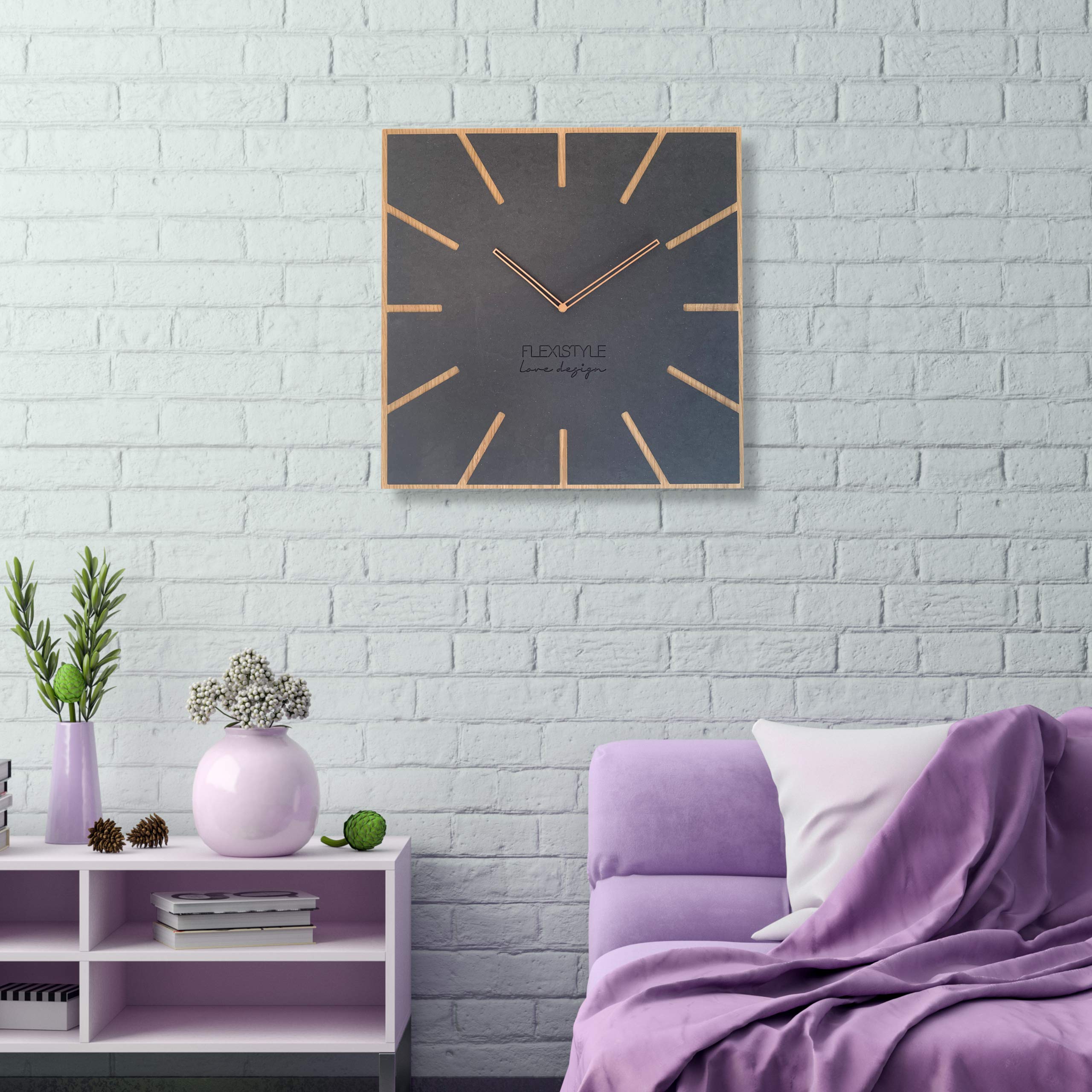 FLEXISTYLE Grande horloge murale moderne Exact ECO 50 cm, silencieuse, pour salon, chambre à coucher, fabriquée dans l'UE (noir (anthracite) et chêne bois