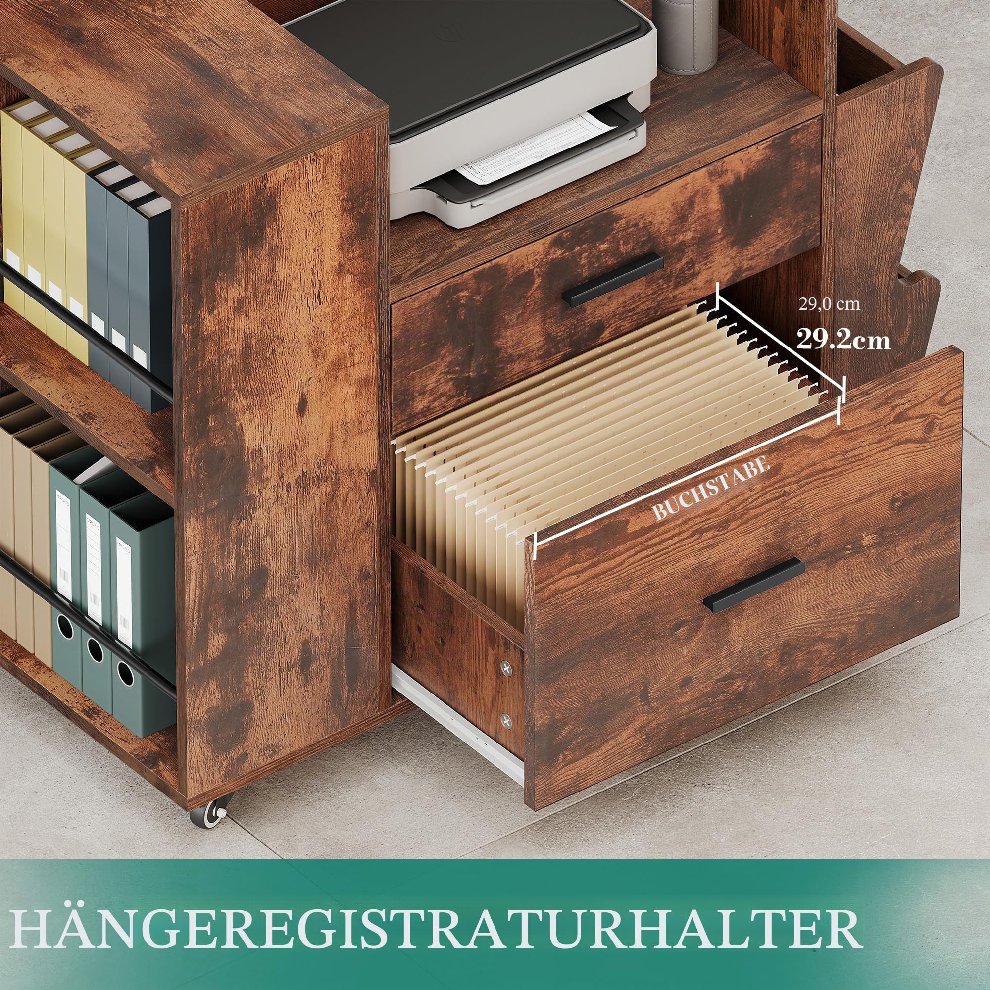 YITAHOME Rolling Aktenschrank mit Seitenhaltern und 4 Rädern, Braun