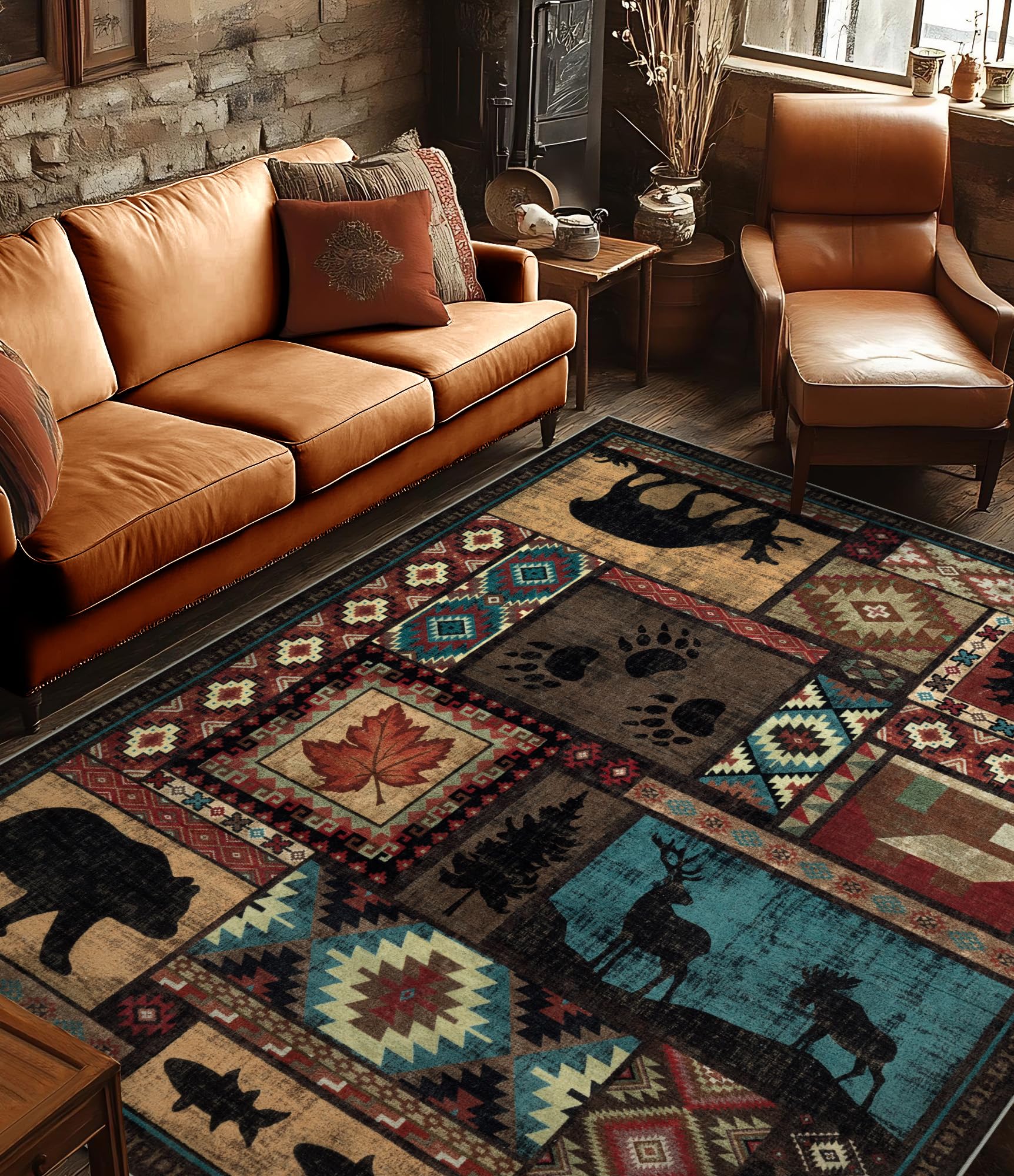 YIHOUSE Rustic Cabin Area Rug 6x9,Machine Washable Lodge Bear Rug,Non-Slip Low Pile Print Pattern Southwestern Rug for Living Room Bedroom
