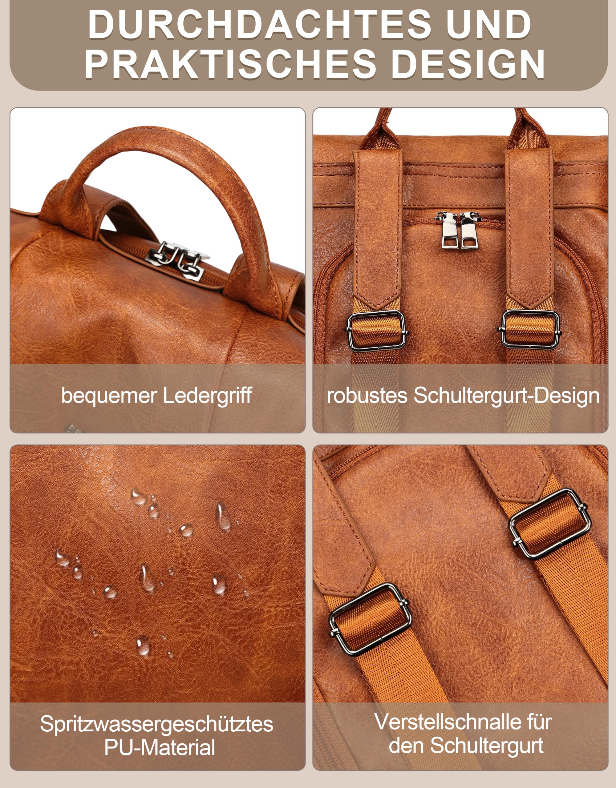 Rucksack Damen Klein Diebstahlsicher mit RFID-Blocker Braun