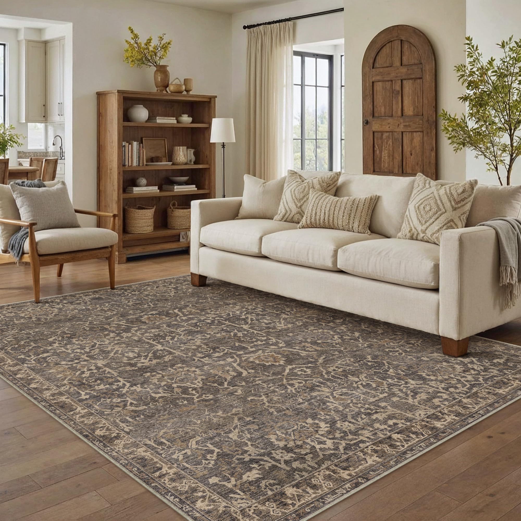 hugear area rug 5x7 retro brown machine washable living room rugs distressed vintage floral vacuumable low pile carpet bedroom office dining room laundry room non slip soft lightweight