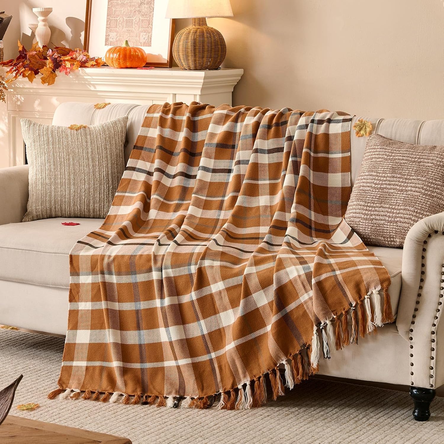Lanpn Fall Plaid Throw Blanket, Cozy Soft Checked Blankets for Couch Sofa Bed, Decorative Acrylic Fall Throws with Fringe, Picnic Cashmere Like Shawl, Autumn Thanksgiving Home Decor Gift, 50×60, Khaki