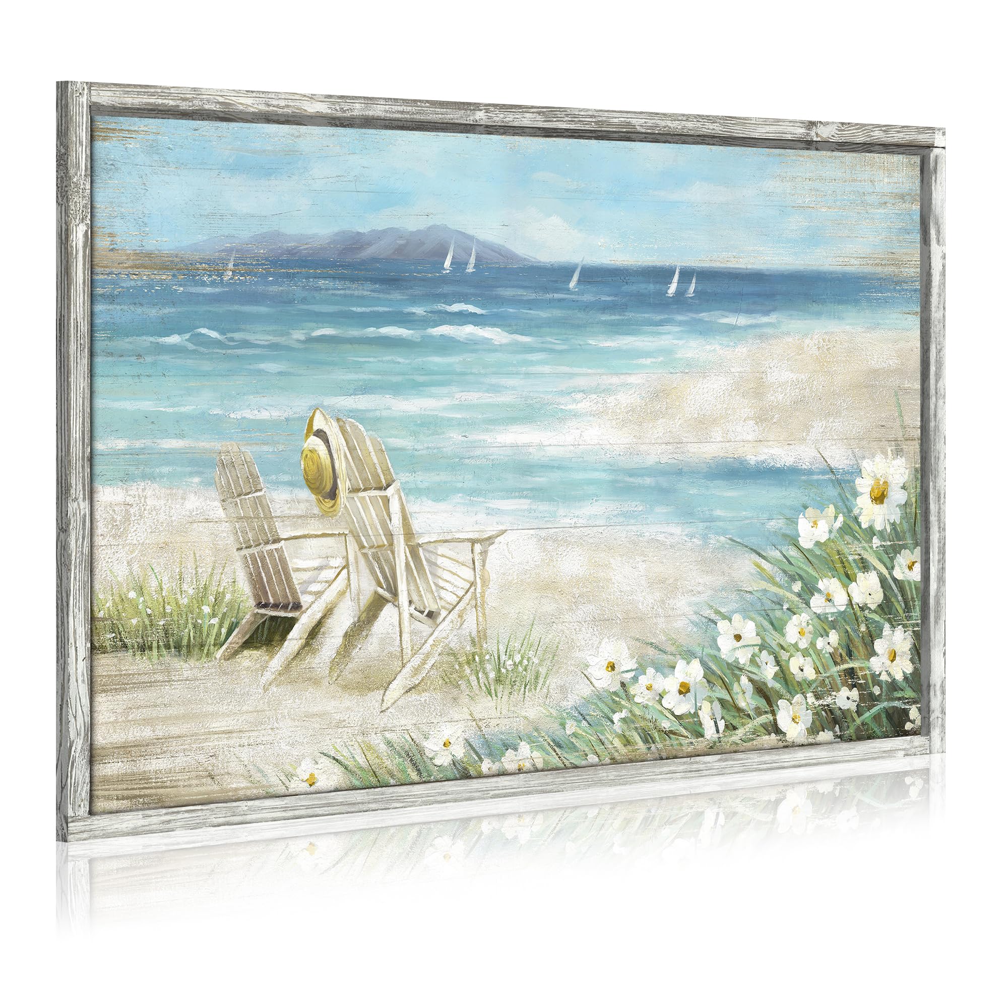 Framed Ocean Beach Wall Art: Wooden Coastal Waves Painting Abstract Nautical Seascape Artwork Heavy Textured Seaside Flower Prints Horizontal Rustic Shoreline Picture for Living Room