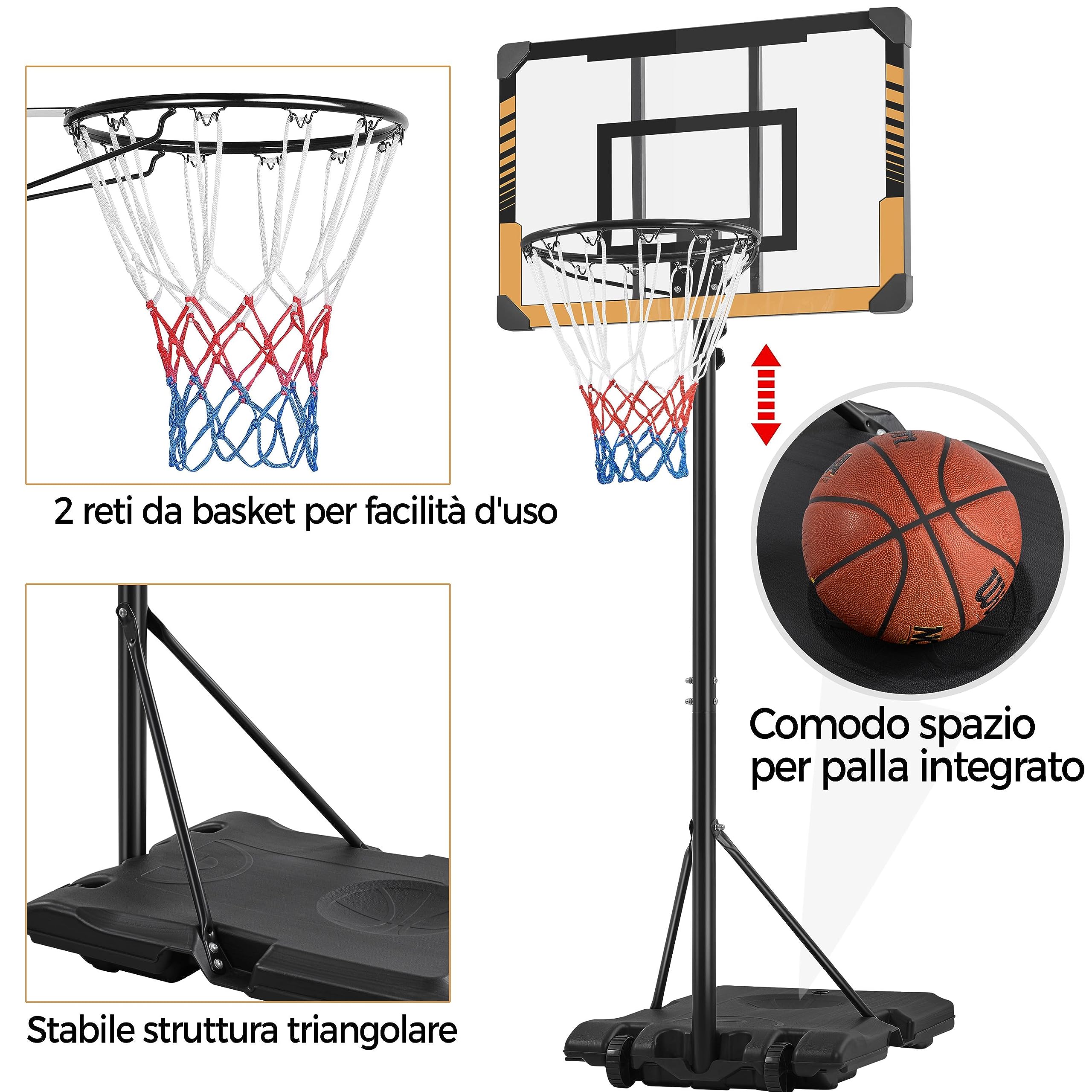 Yaheetech Canestro Basket Esterno Interno Camera Portatile con Colonna Tabellone Canestro Altezza Regolabile