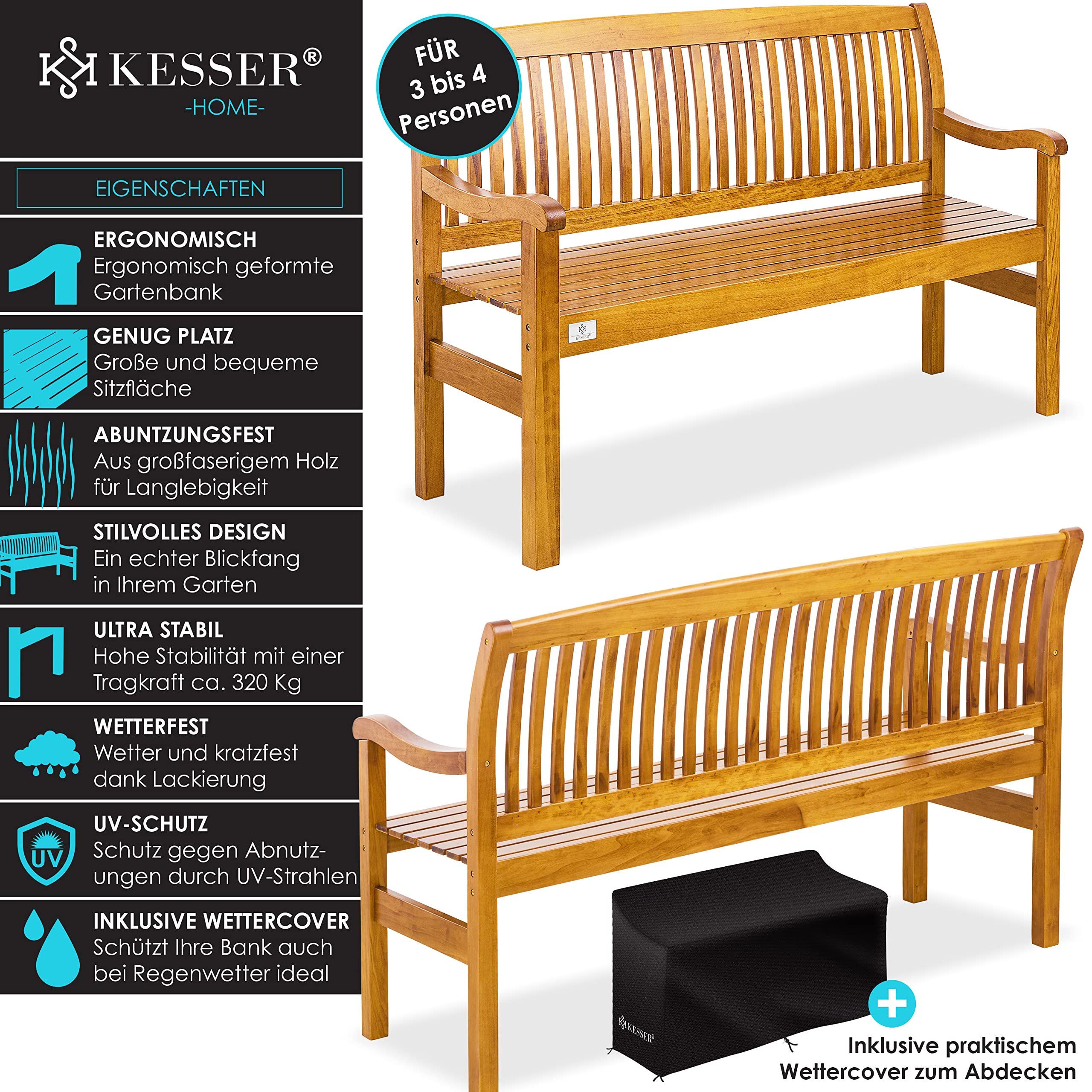 KESSER® Gartenbank Holz Holzbank wetterfest | Für 3 bis 4 Personen | Parkbank aus Massivholz | Sitzbank 320 kg belastbar 150 cm | Balkonbank Bank für Balkon Terrasse & Garten inkl. Cover Hellbraun