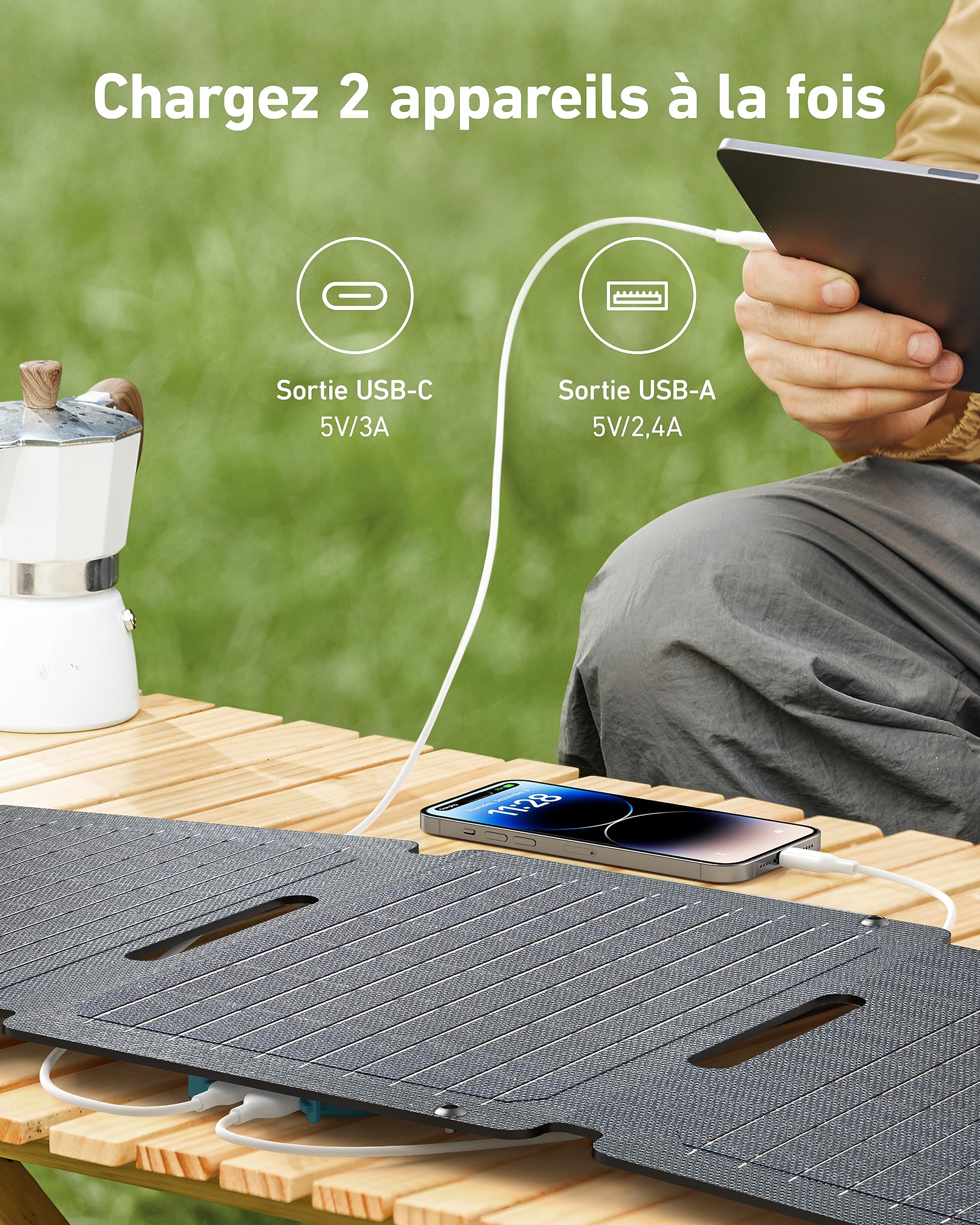 Anker Solix PS30 Panneau solaire 30 W pliable et portable, résistant à l'eau et à la poussière, charge ultra rapide, charge 2 appareils à la fois, pour le camping, la randonnée et les activités de