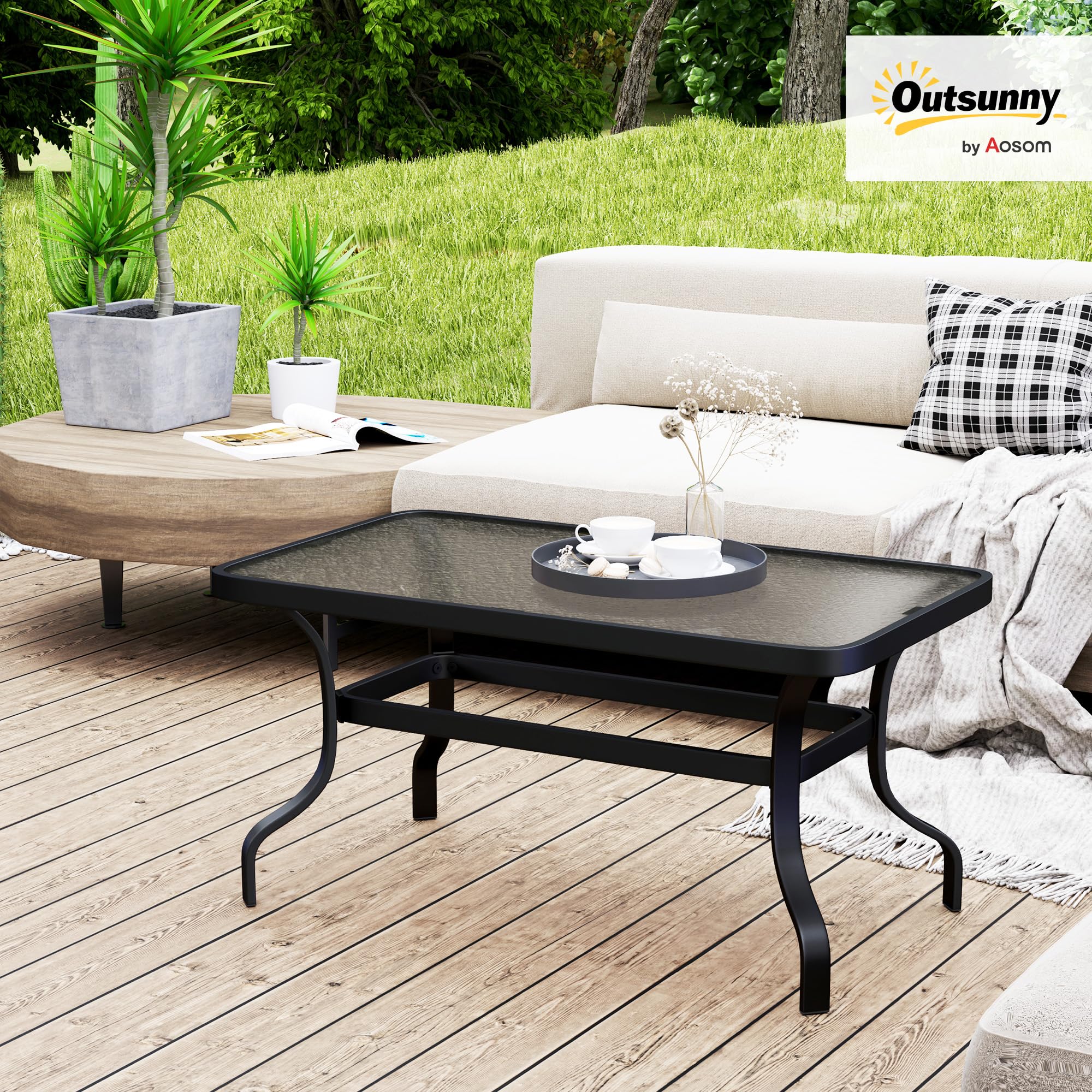 Outsunny Table Basse de Jardin Rectangulaire Verre Trempé Ondulations 95x55x46 cm Noir