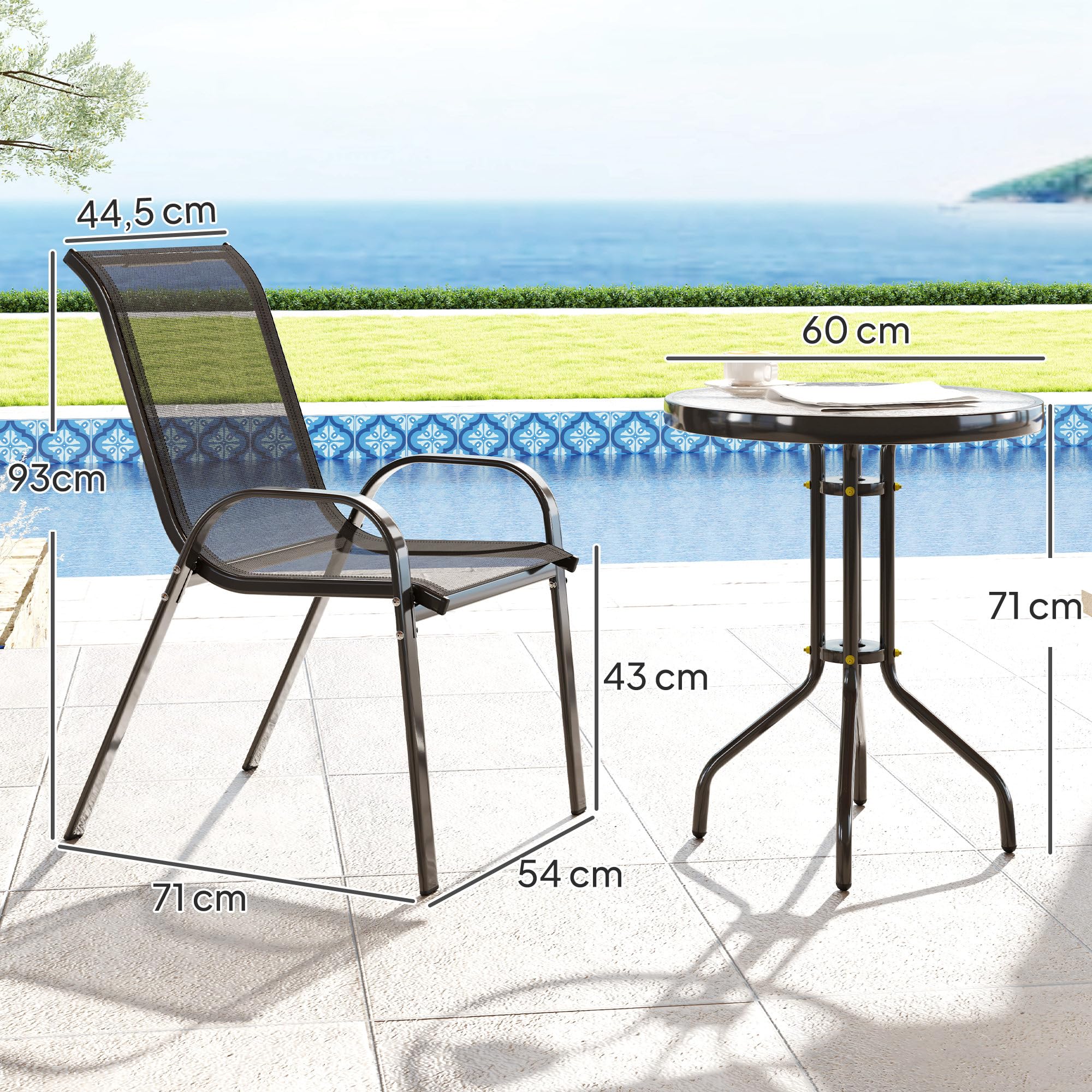 Outsunny Conjunto de Mesa y Sillas de Terraza Exterior de 3 Piezas, Muebles de Jardín Exterior con Sillas Apilables, Encimera de Vidrio y Estructura de Acero, para Patio, Negro