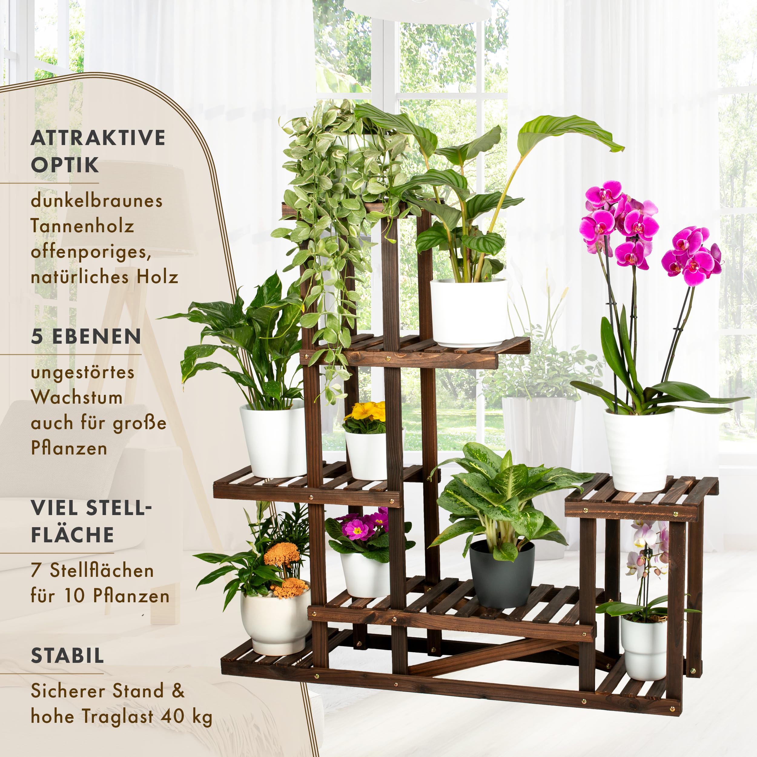Pflanzenregal SKYLINE 2er Set - 96 x 97 x 25 cm Natur Holz braun | - Pflanzentreppe Blumenbank 96cm hoch 7 Plattformen auf 5 Ebenen Blumenregal Regal Blumentreppe innen & außen Balkon Terrasse