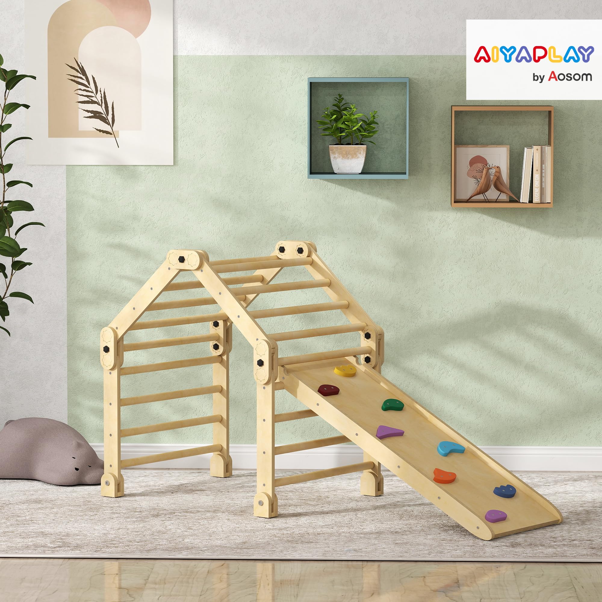 AIYAPLAY 3 in 1 Montessori Klettergerüst mit Rutsche für 1,5-4 Jahre | Indoor, Holz Kletterdreieck, Kletterwand, Indoor Spielplatz, für Kleinkinder und Kinder