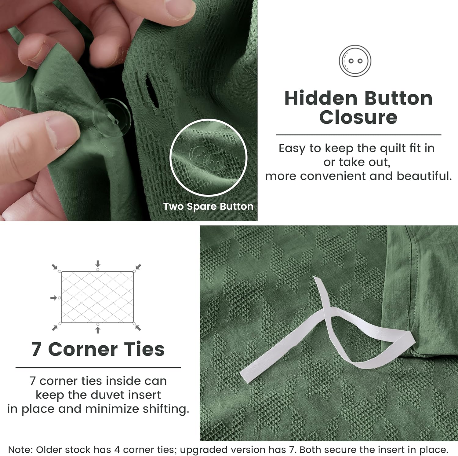 BISELINA 100% Cotton Waffle Weave Duvet Cover Set – Houndstooth Pattern, Soft & Lightweight Farmhouse Bedding, Breathable for All Seasons, 3PCS (1 Duvet Cover & 2 Pillow Shams) – Olive Green, Queen