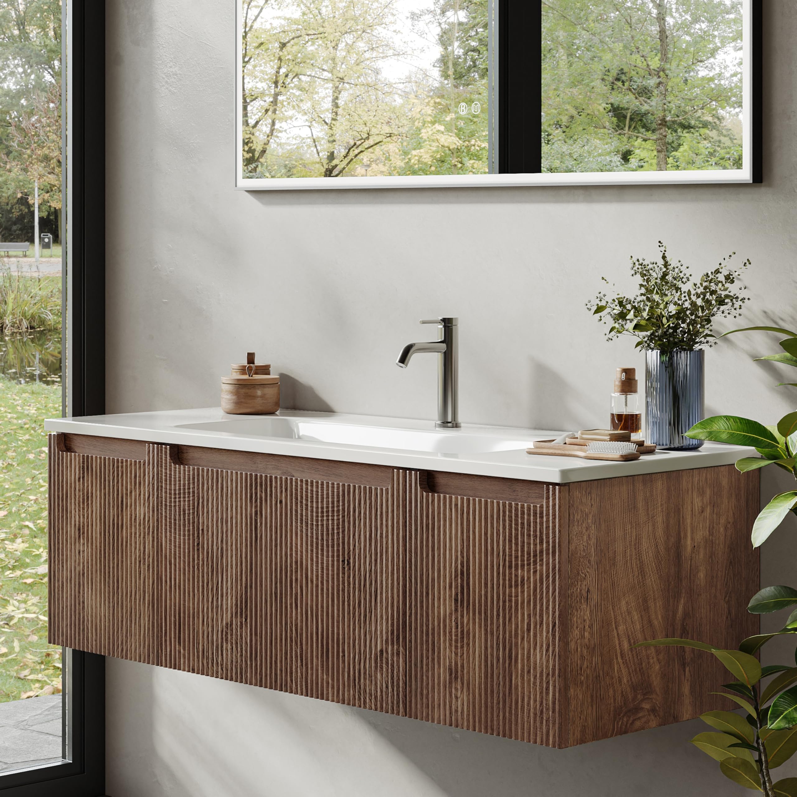 Meuble-Lavabo Mural De 120 cm avec Lavabo en Résine Minérale, Tiroir Et Porte, Ultra-Mince, Fermeture en Douceur, Accent Nervuré, Adapté Aux Grandes Salles De Bains, Forest Walnut