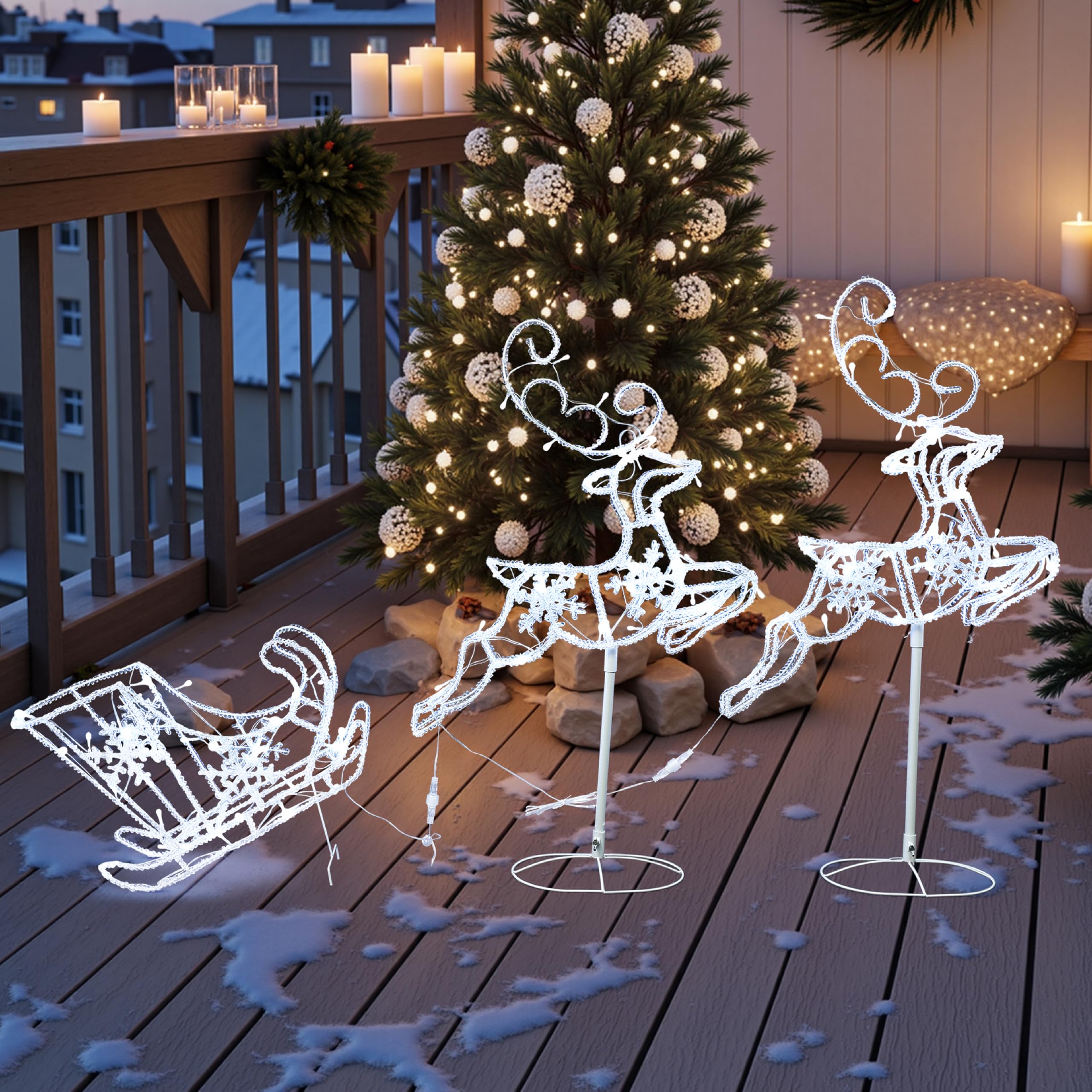 Hometopia LED 2 Rentiere mit Schlitten mit 250 LEDs 55 cm – Leuchtende Weihnachtsdekoration für Innen und Außen