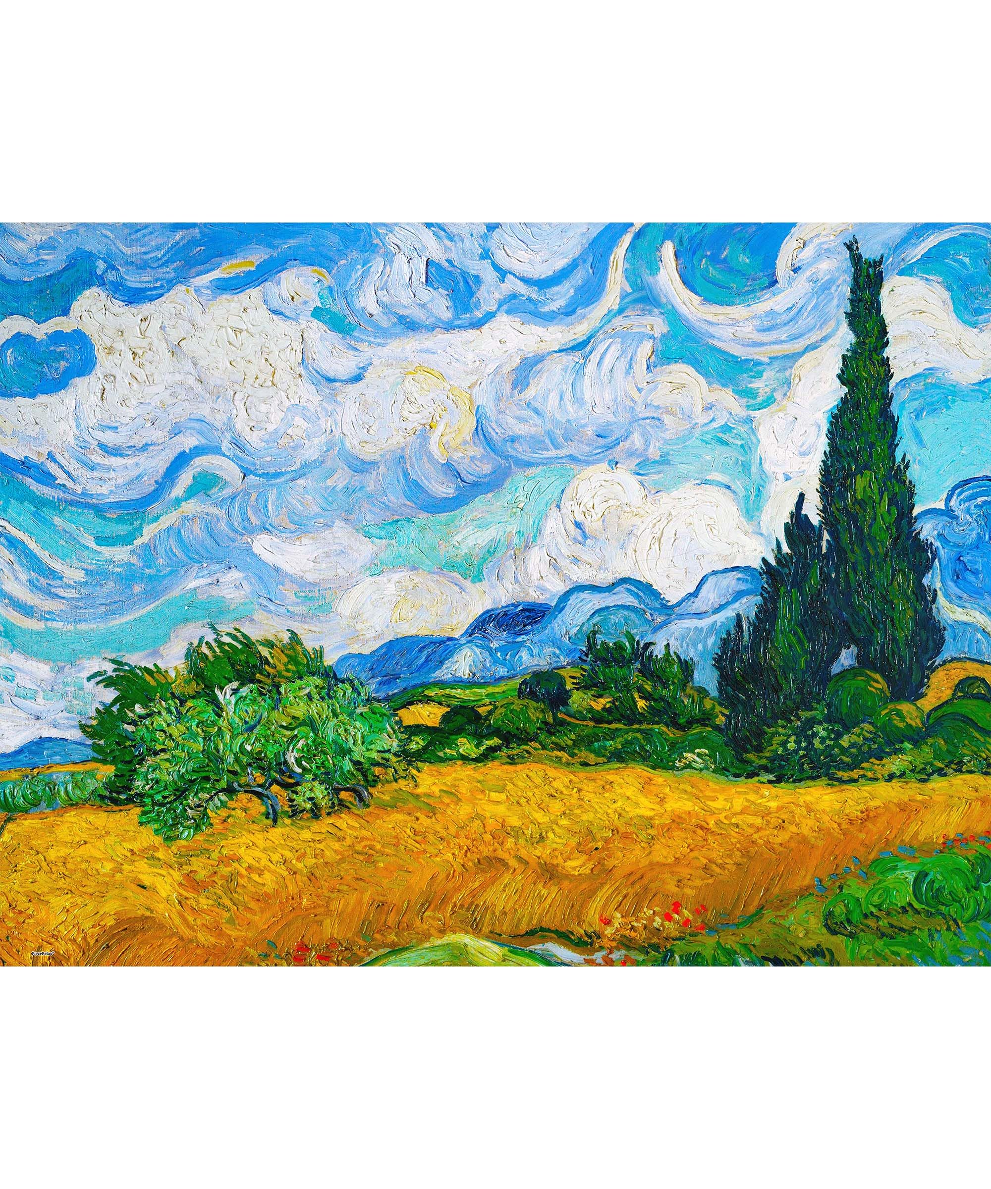 PieceRelax PieceClicks Plastic Jigsaw Puzzles for Adults 1000 Pieces - Vincent van Gogh Wheat Field with Cypresses, Scenic Art Landscape Puzzle, 25.2 x 18.9 Inches [U1110]