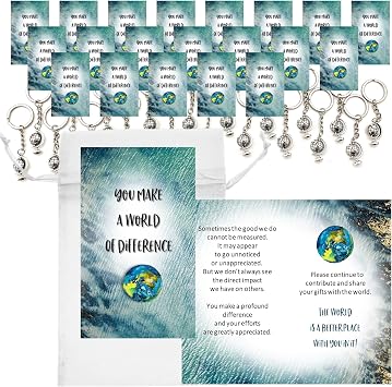 Smiling Wisdom | 20 Bulk Gifts | You Make A World of Difference Appreciation Mini 3.5x2in Cards | Men Women Staff Employees Team | 60pcs | Silver Globe Keychains