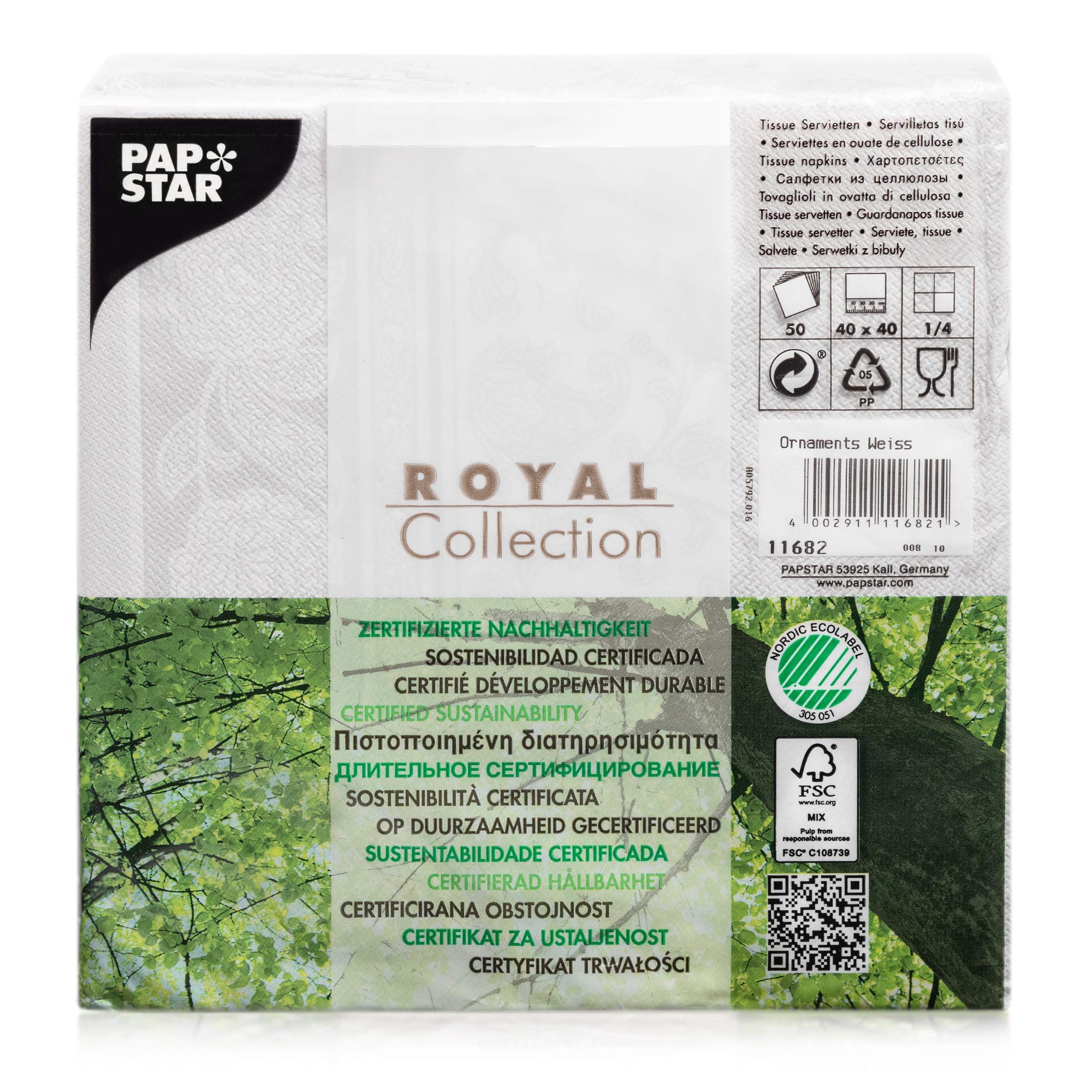 Papstar 11682 50-Servietten "Royal Collection" 1/4-Falz 40 x 40 cm "Ornaments", weiß (Packung mit 4)