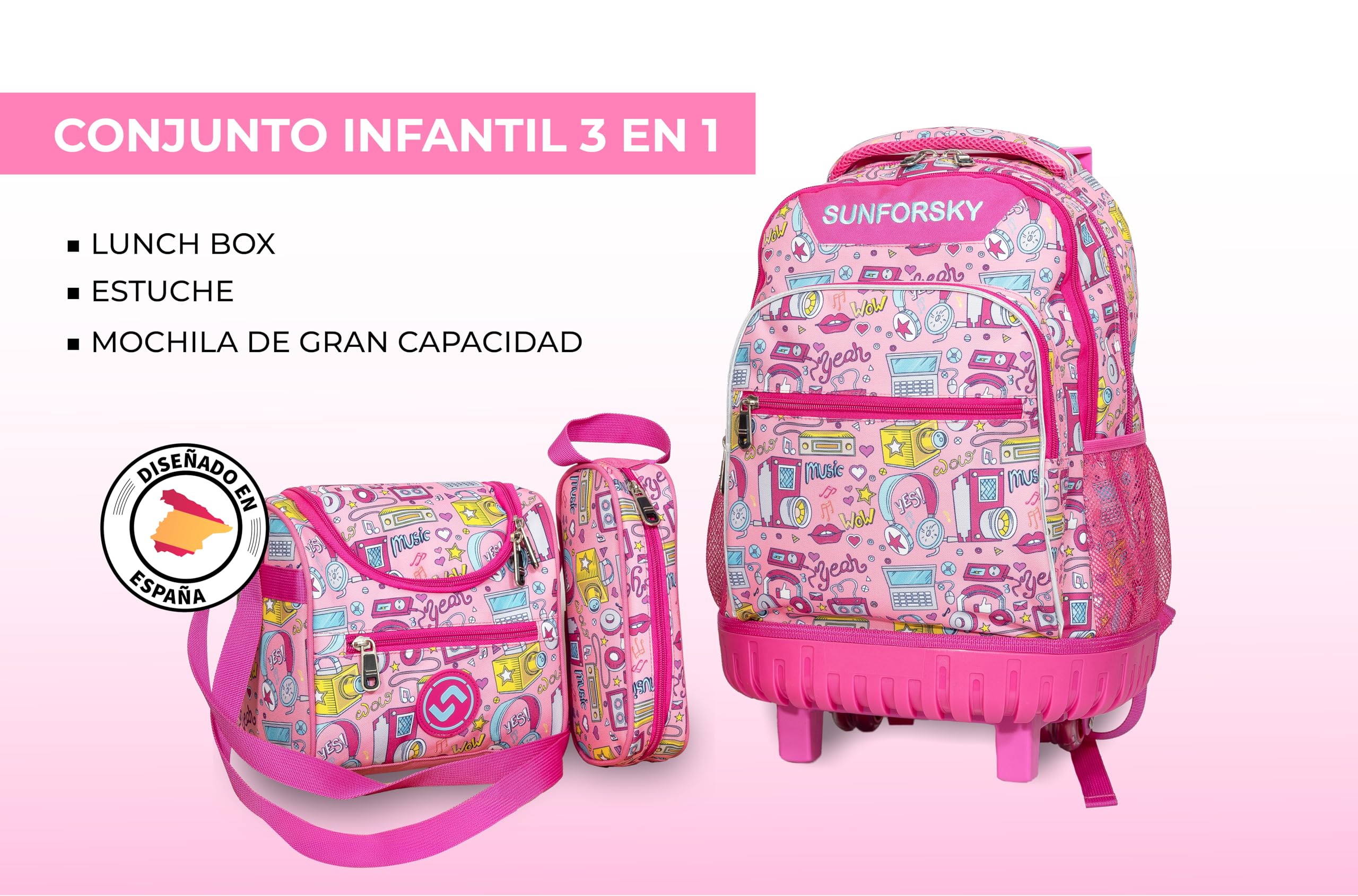 SUNFORSKY Zaino scuola con ruote per bambini e ragazze, trolley per zaino scolastico, include astuccio per matite e borsa per snack, convertibile per appendere la schiena, Modello rosa
