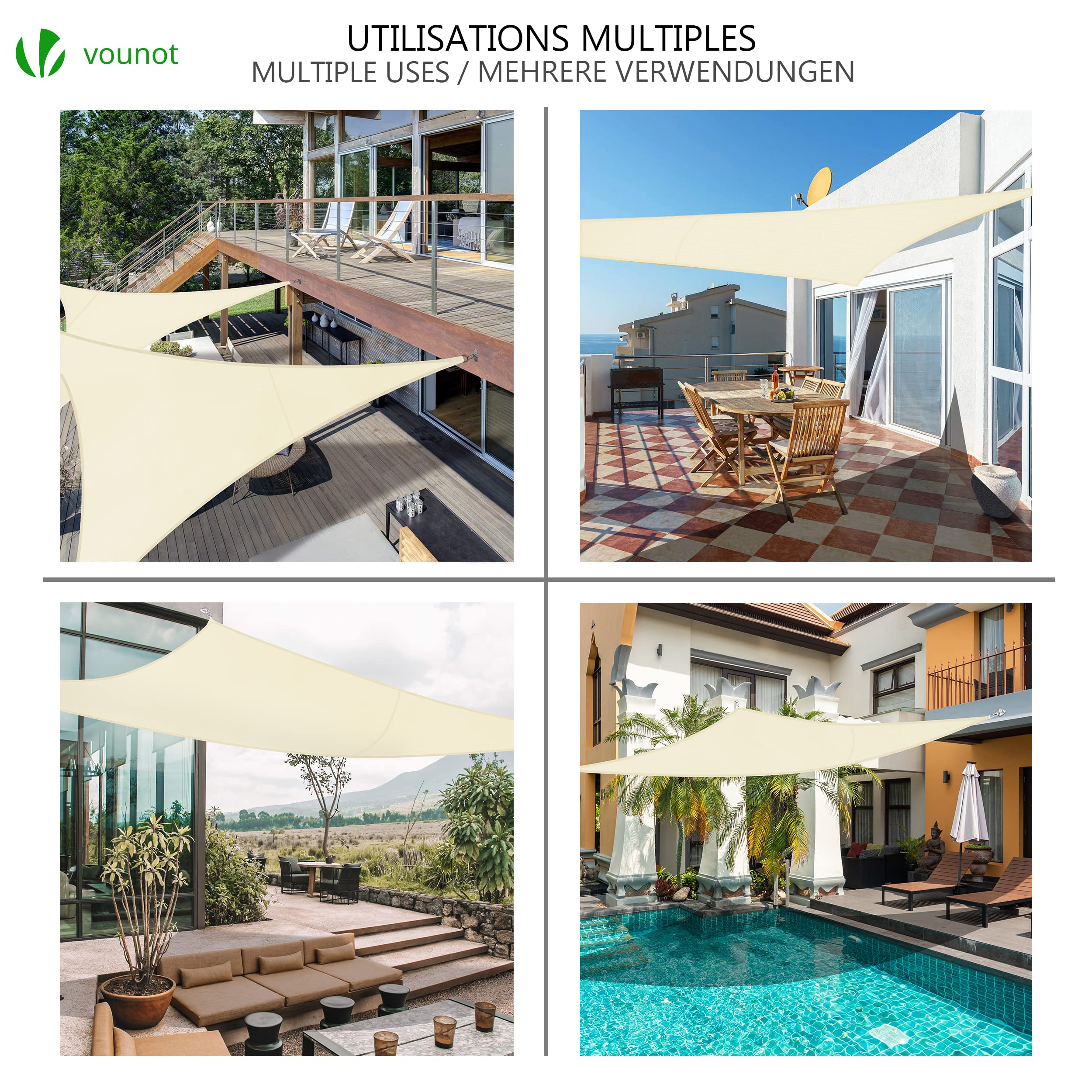 VOUNOT® Vela Ombreggiante Triangolare 5x5x5m, Tenda da Sole Impermeabile Protezione UV per Esterno Beige