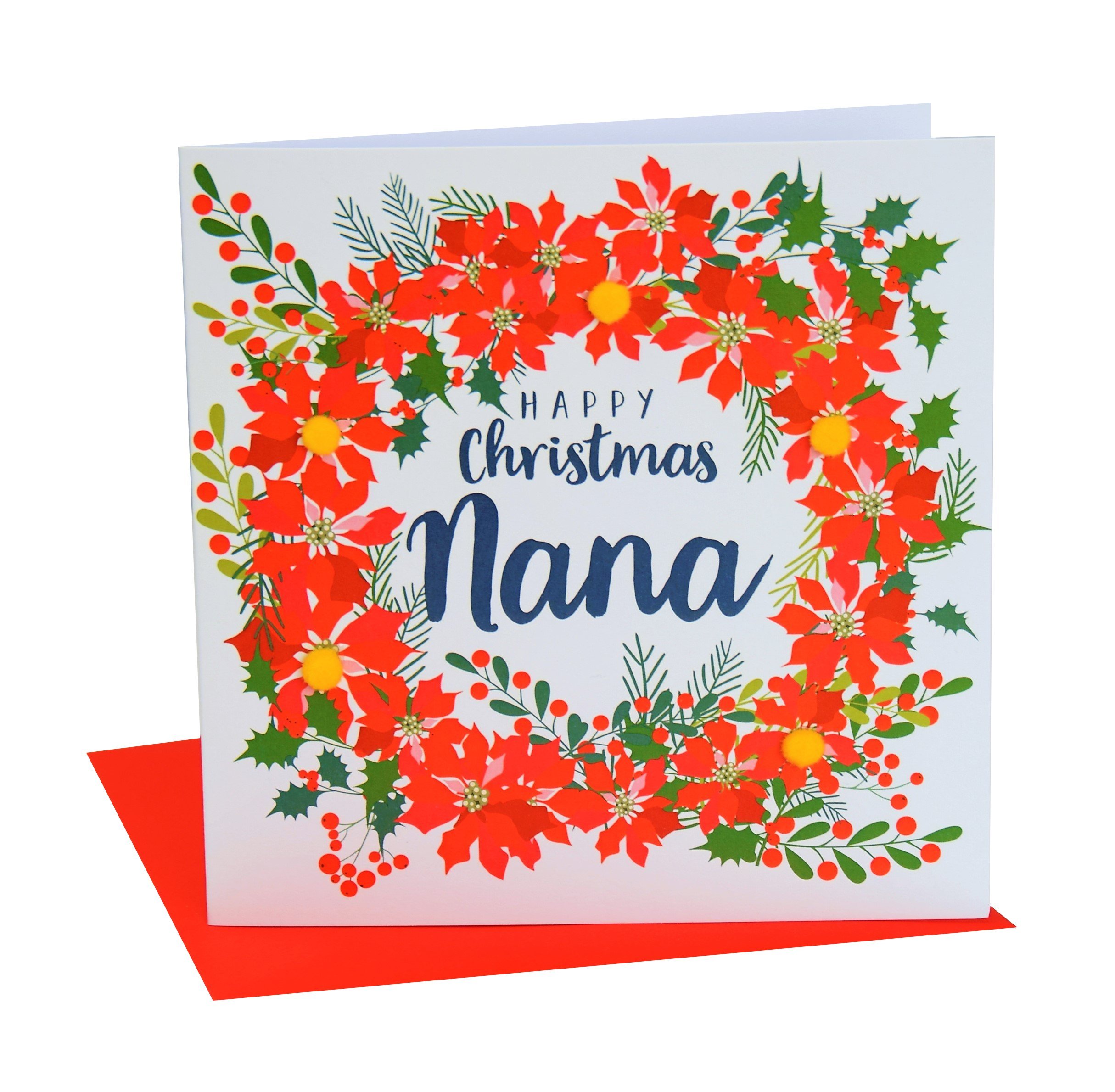 Claire Giles Greeting Cards, Happy Christmas Nana Card, Poinsettia wreath design xmas Greeting Card, Embellished with Colourful Pompoms